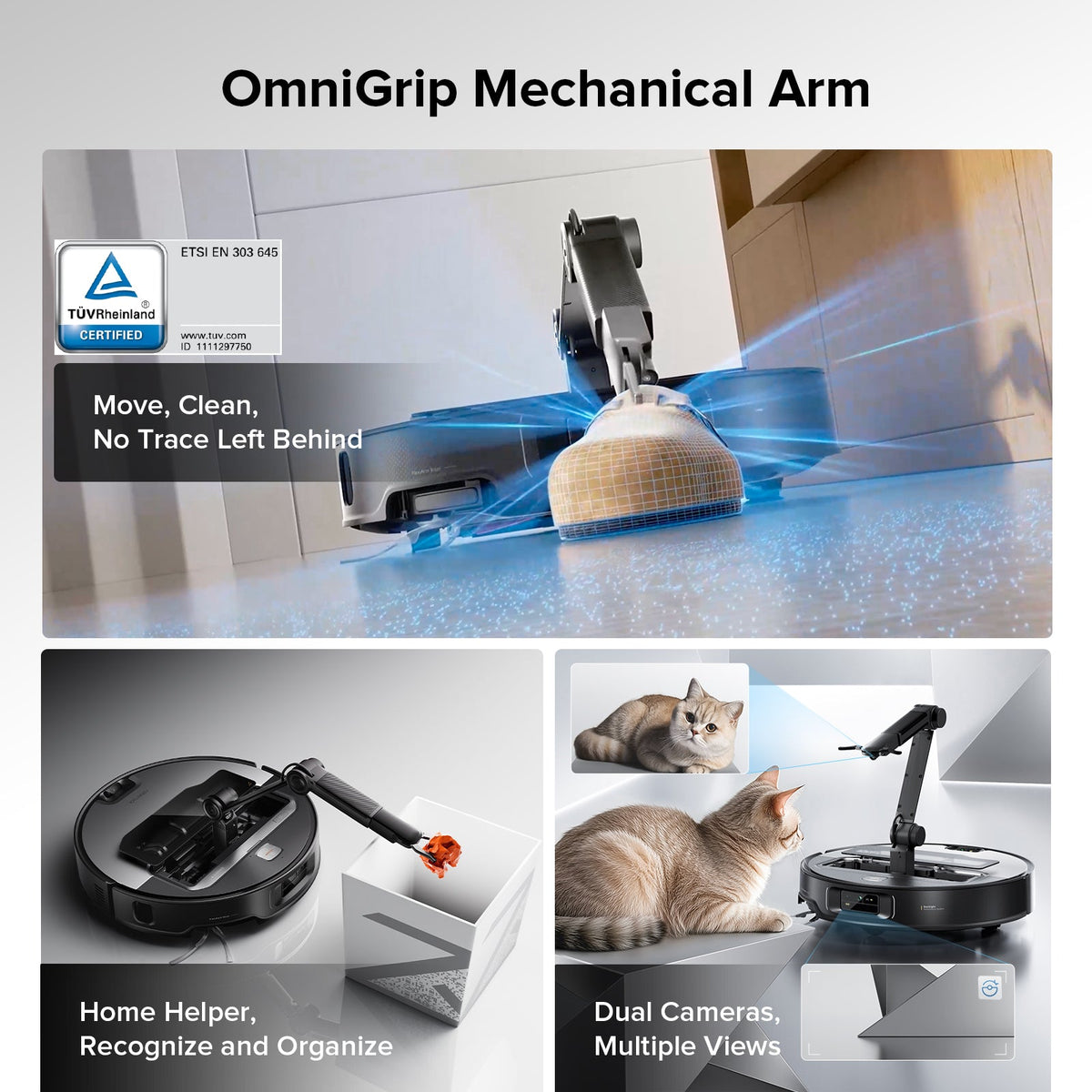 Robot vacuum mechanical cleaning arm lifting a textured mop pad on a floor