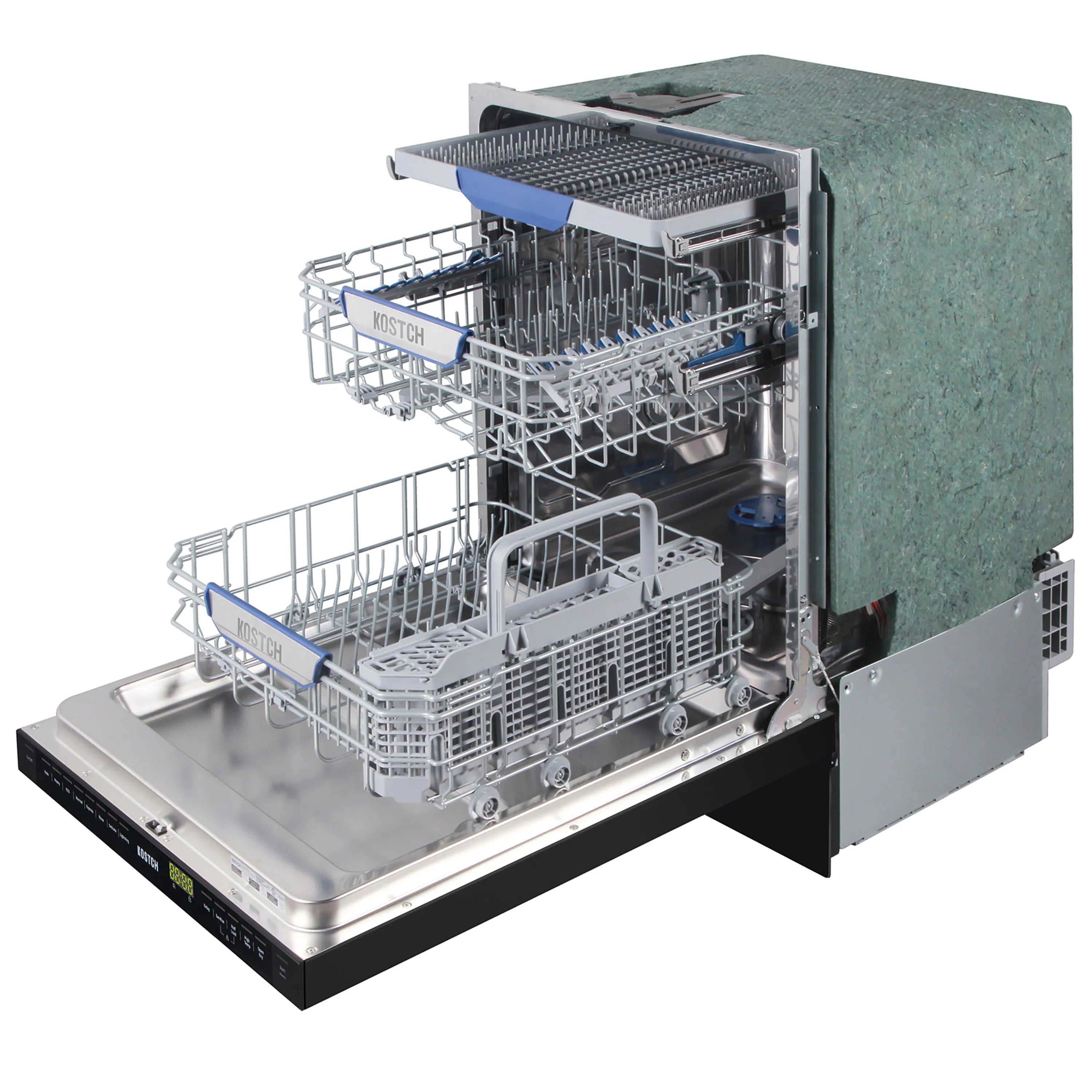 Dishwasher with racks pulled out and side access panel