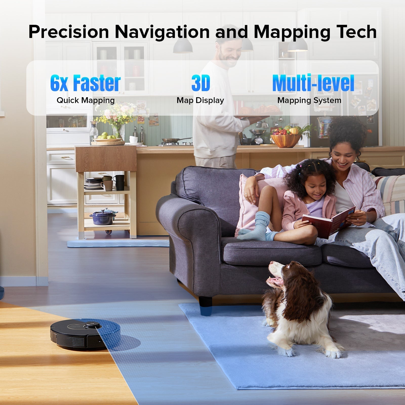 Roborock robot vacuum on blue carpet with navigation coverage lines over floor