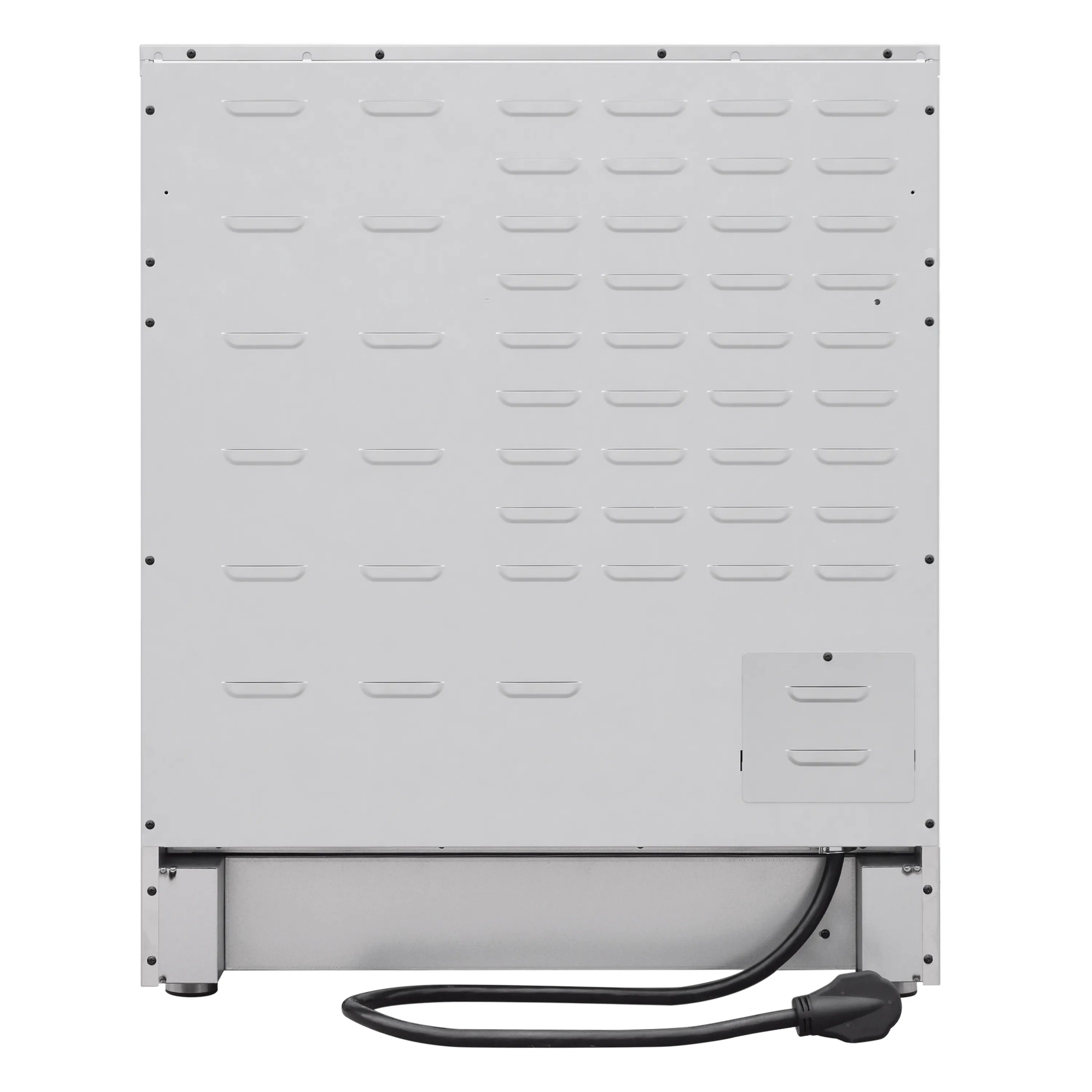 Back panel of 36-inch electric range with ventilation and power cord outlet