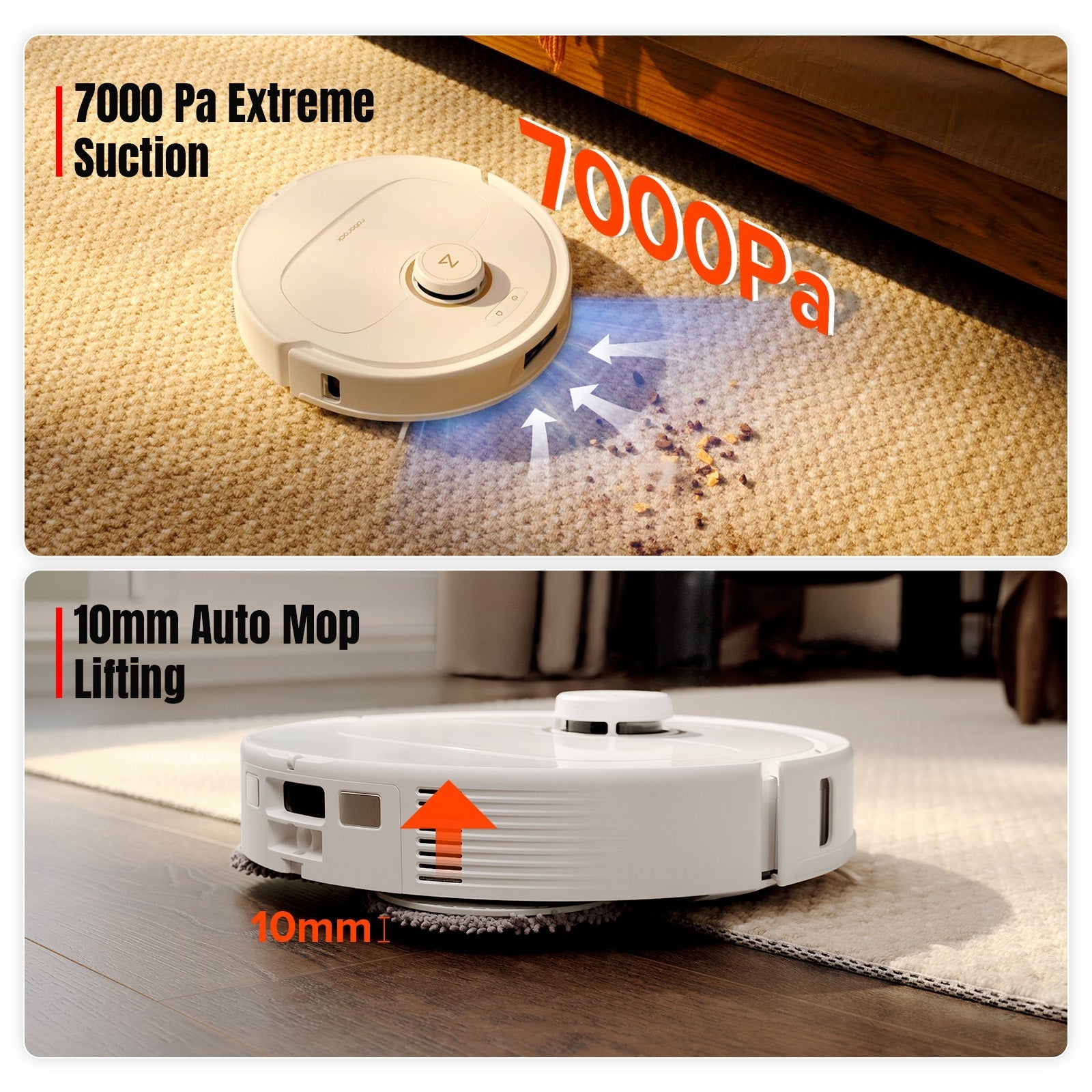White robotic vacuum cleaner on carpet with raised mop for floor cleaning