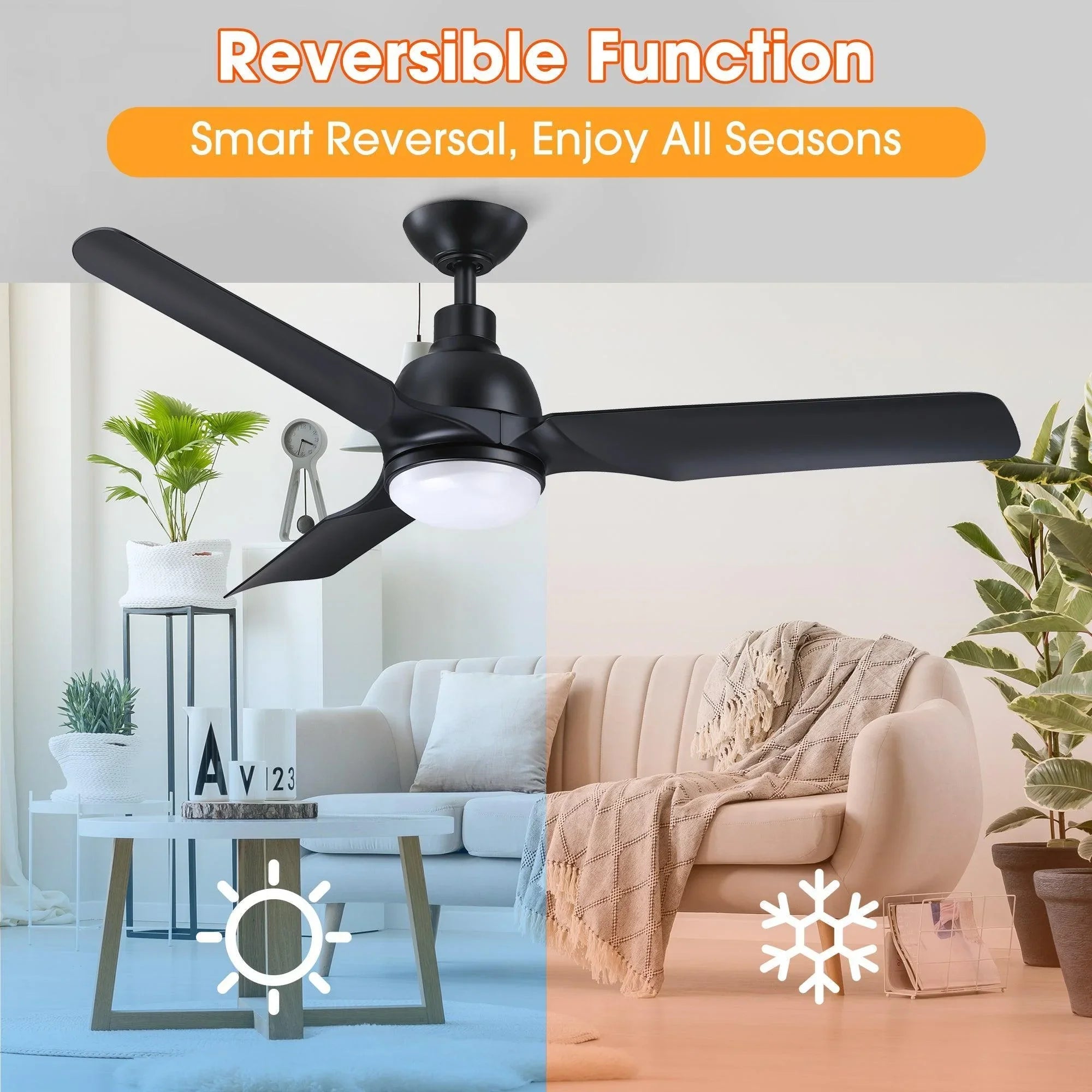 Black reversible ceiling fan with LED light, showing airflow direction arrows