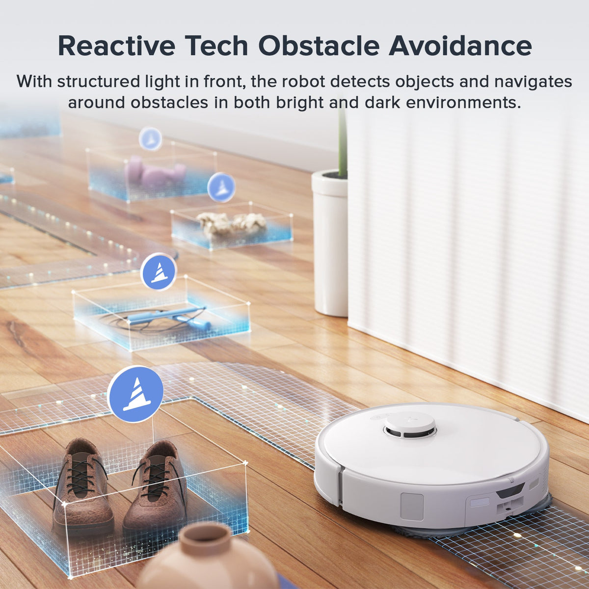 White robot vacuum on wood floor near obstacles with obstacle-avoidance sensing design