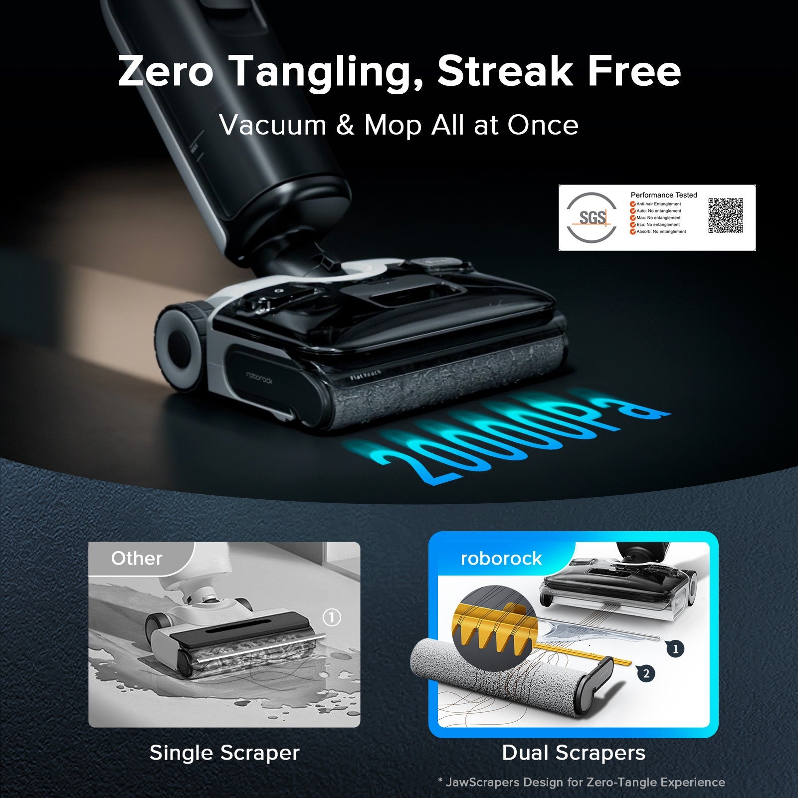 Robotic vacuum and mop base with scrubbing roller for streak-free cleaning