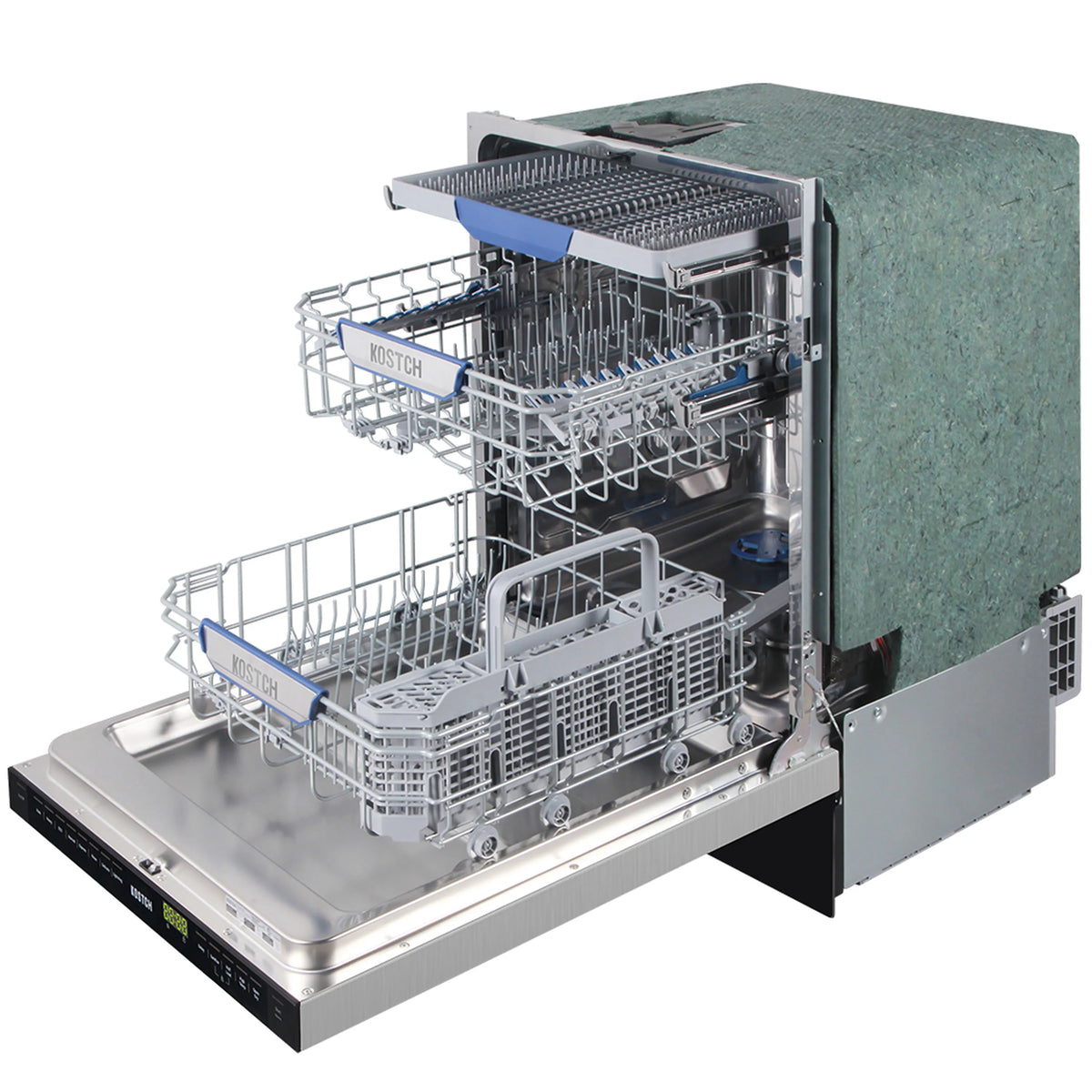 Open dishwasher interior showing upper and lower racks with blue trim and spray system