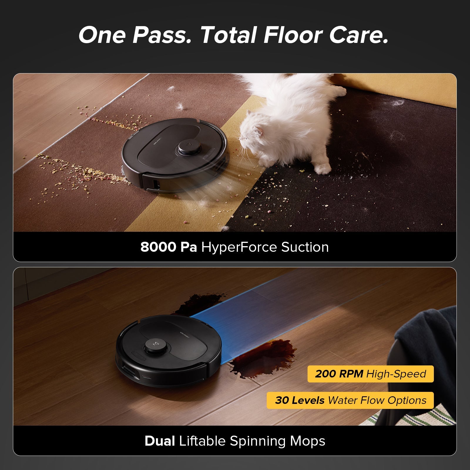 Black robot vacuum with dual liftable spinning mops, shown in an overhead view