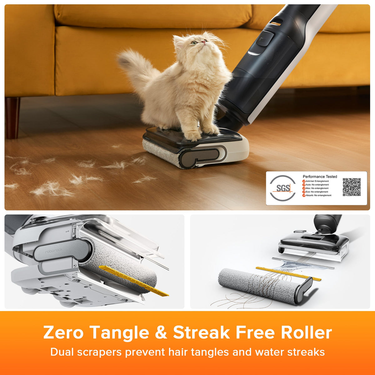 Roborock wet and dry vacuum cleaner with rotating roller head on floor