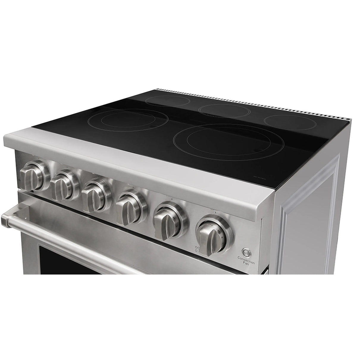 Stainless electric range showing black glass cooktop and five round burner controls