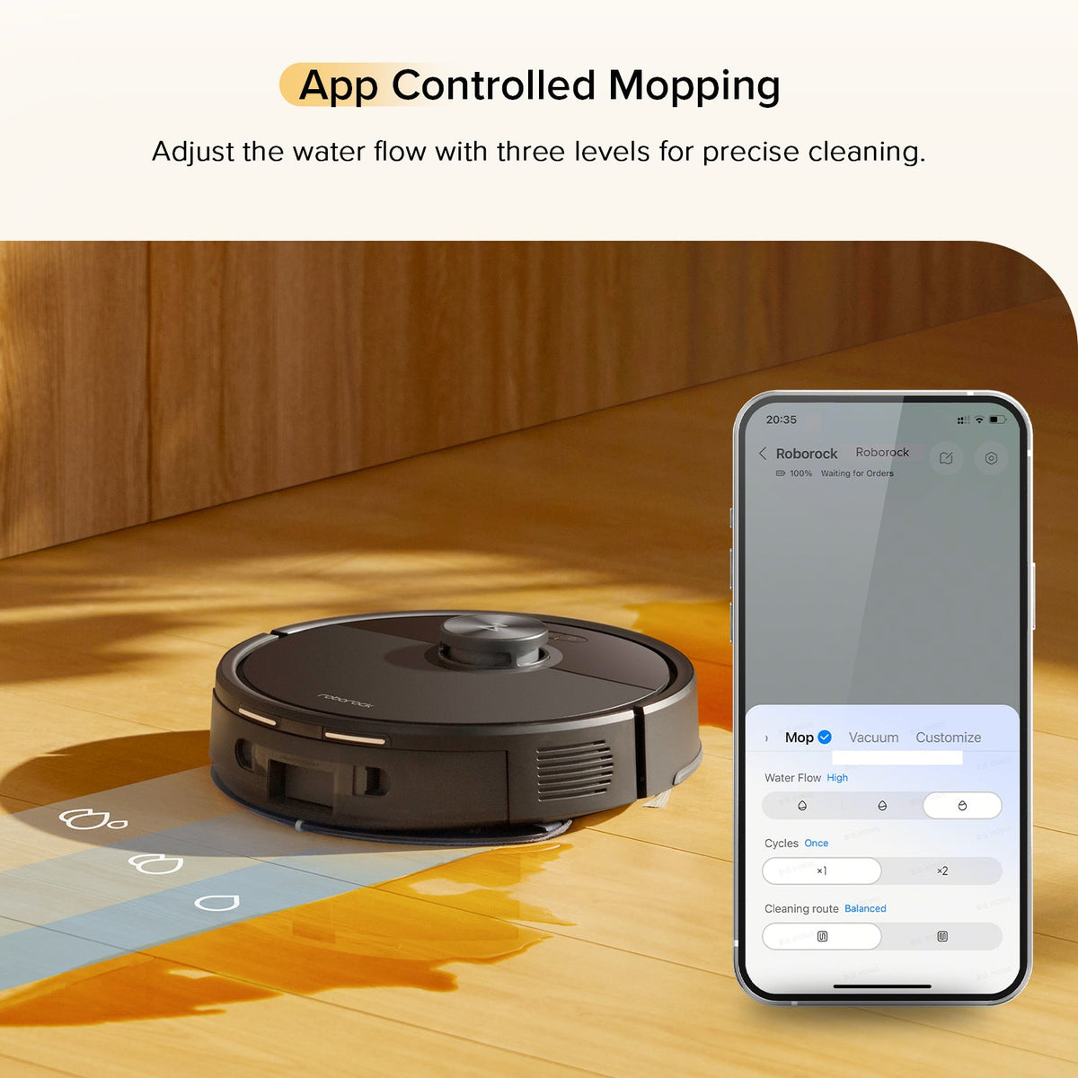 Black robot vacuum and mop with smartphone showing adjustable water flow levels