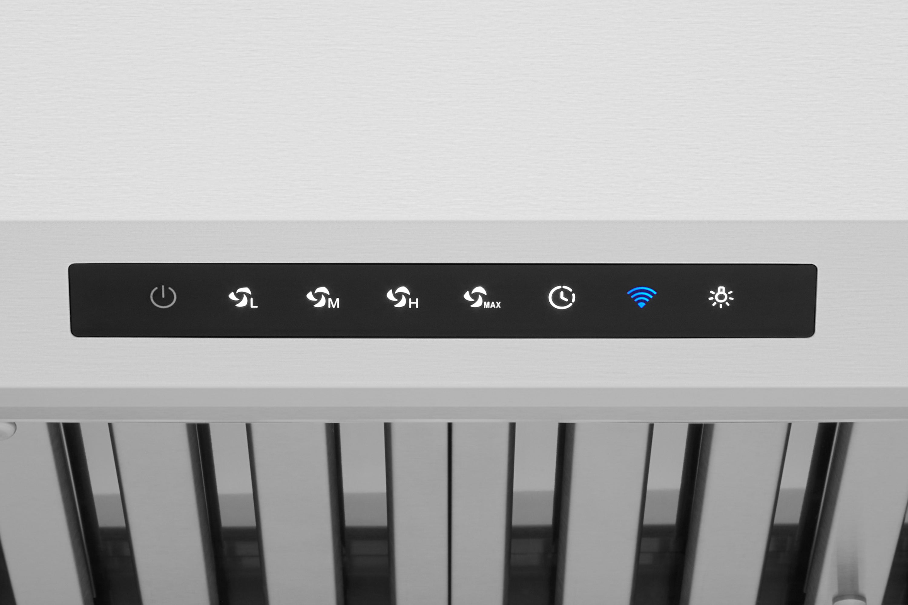 Stainless steel range hood control panel with icon buttons and indicator lights