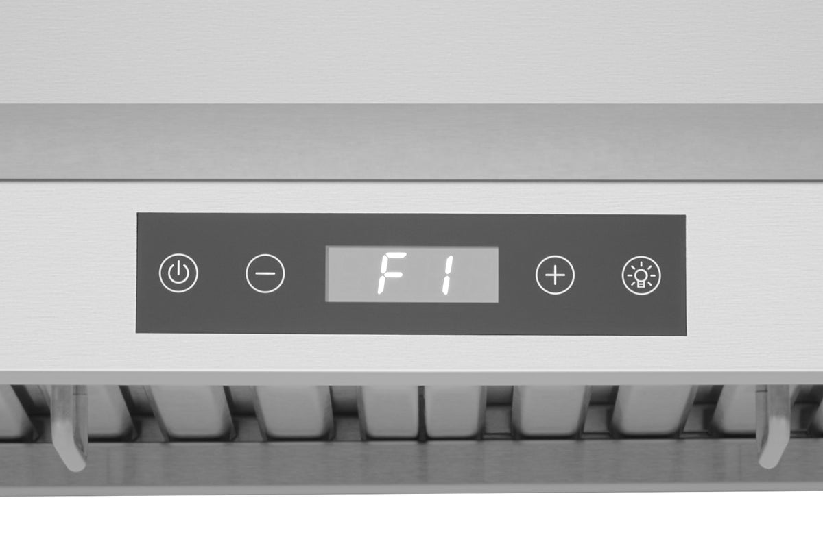 Stainless steel range hood control panel with LED display and button icons
