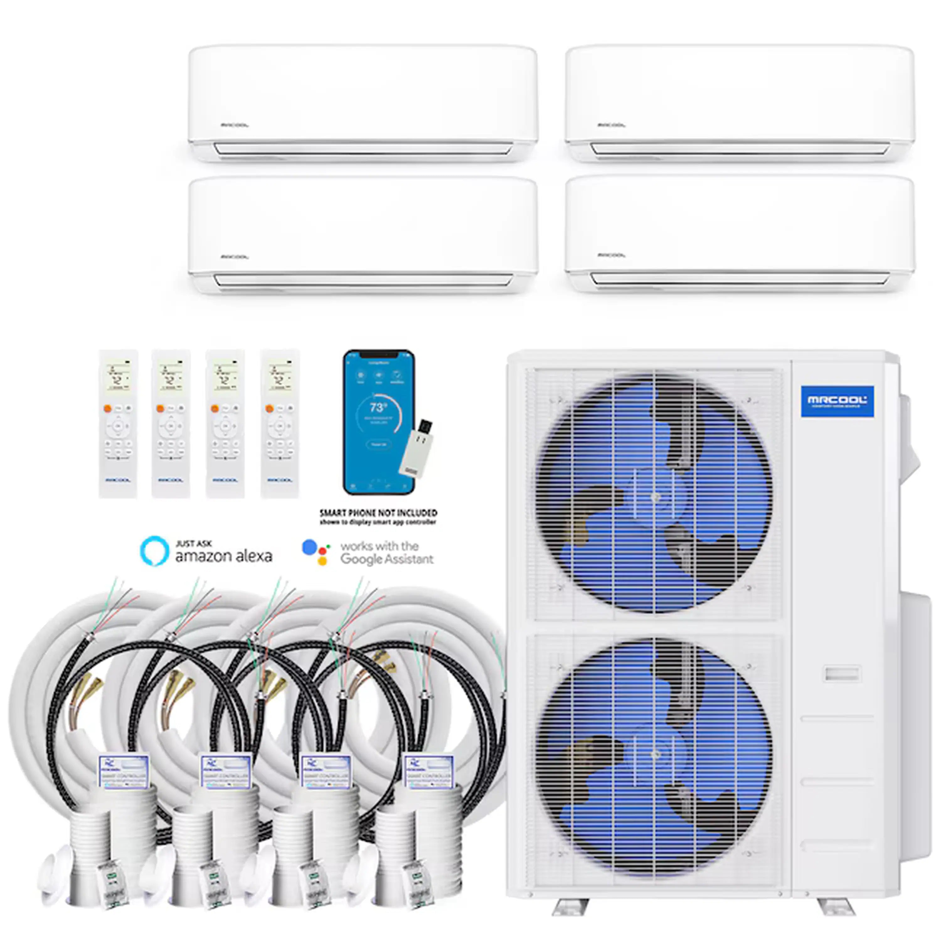 Pair of white wall-mount ductless mini split indoor units with line-set accessories