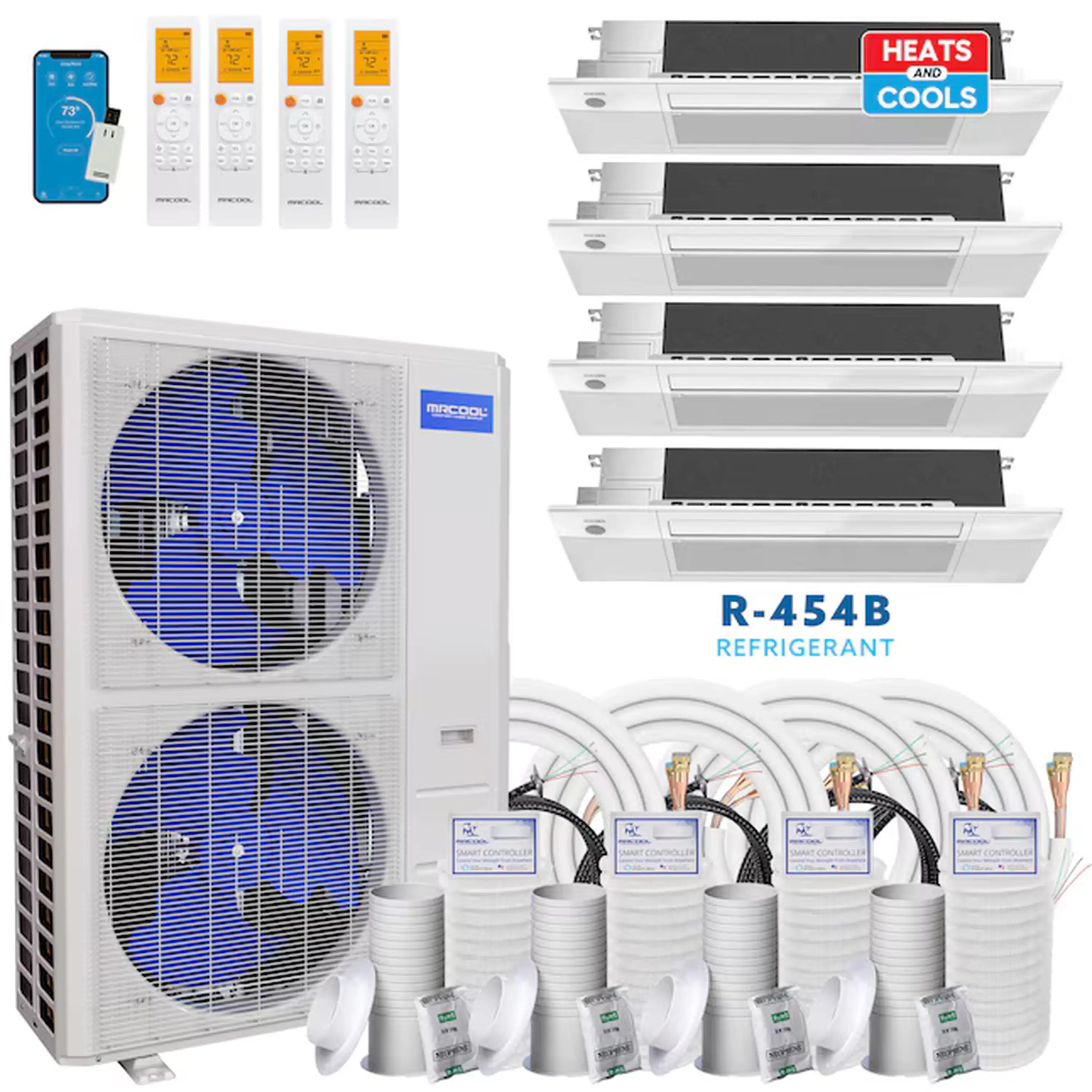 Ductless mini split system kit with outdoor unit, four ceiling cassettes, remote, wiring