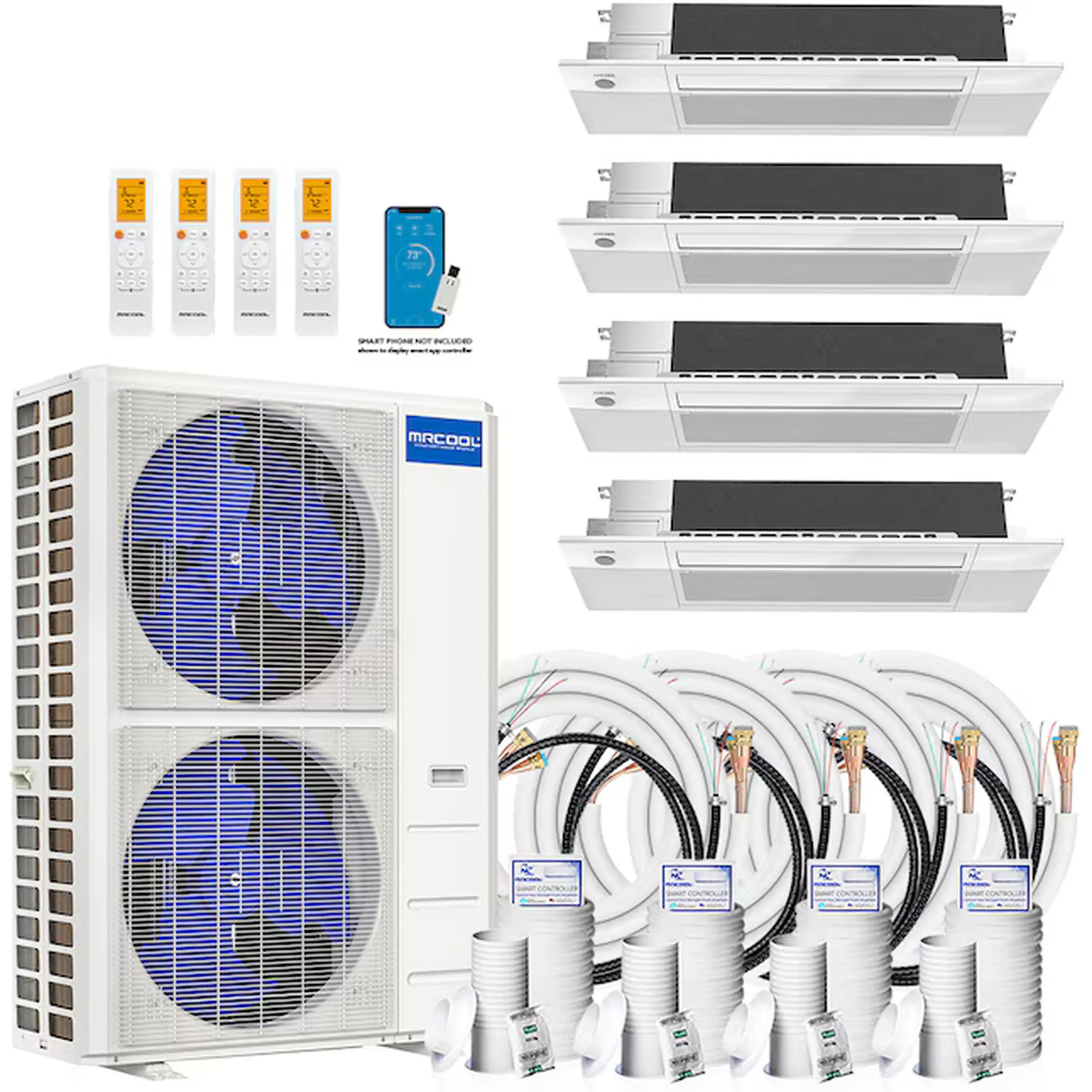 Ductless mini split AC heat pump kit with outdoor unit, four ceiling cassette units