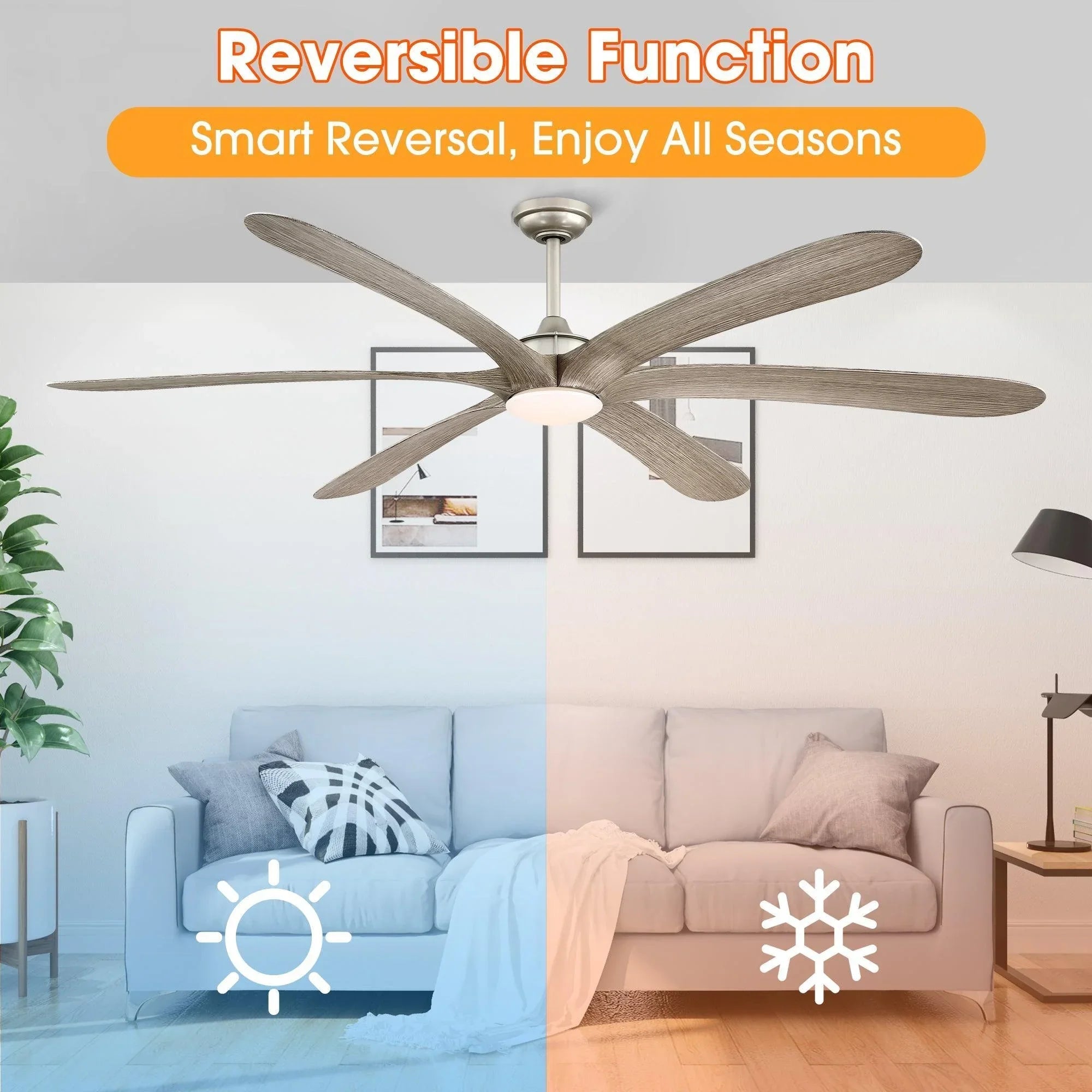 Farmhouse ceiling fan with light wood blades and frosted light kit, shown from below