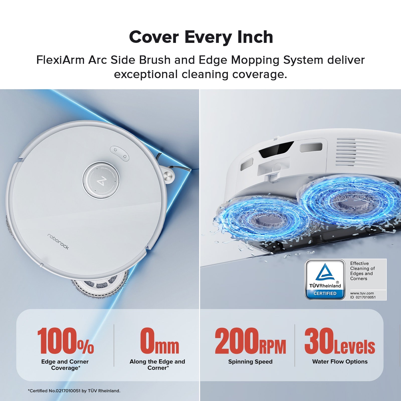 White Roborock robot vacuum showing edge-cleaning side brush and spinning rollers
