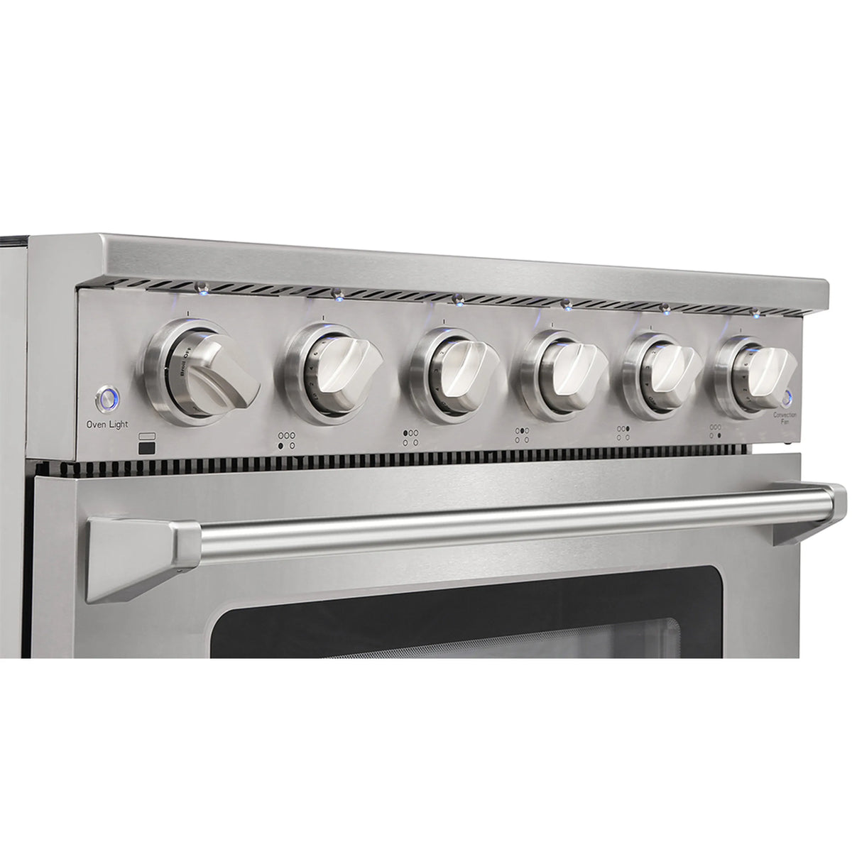 Stainless steel electric range control panel with six burner knobs and vent