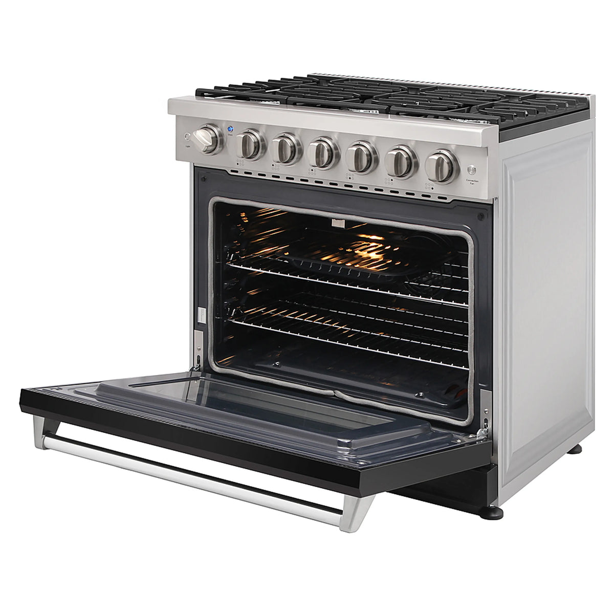 Stainless gas range with open convection oven door and burner grates with flames