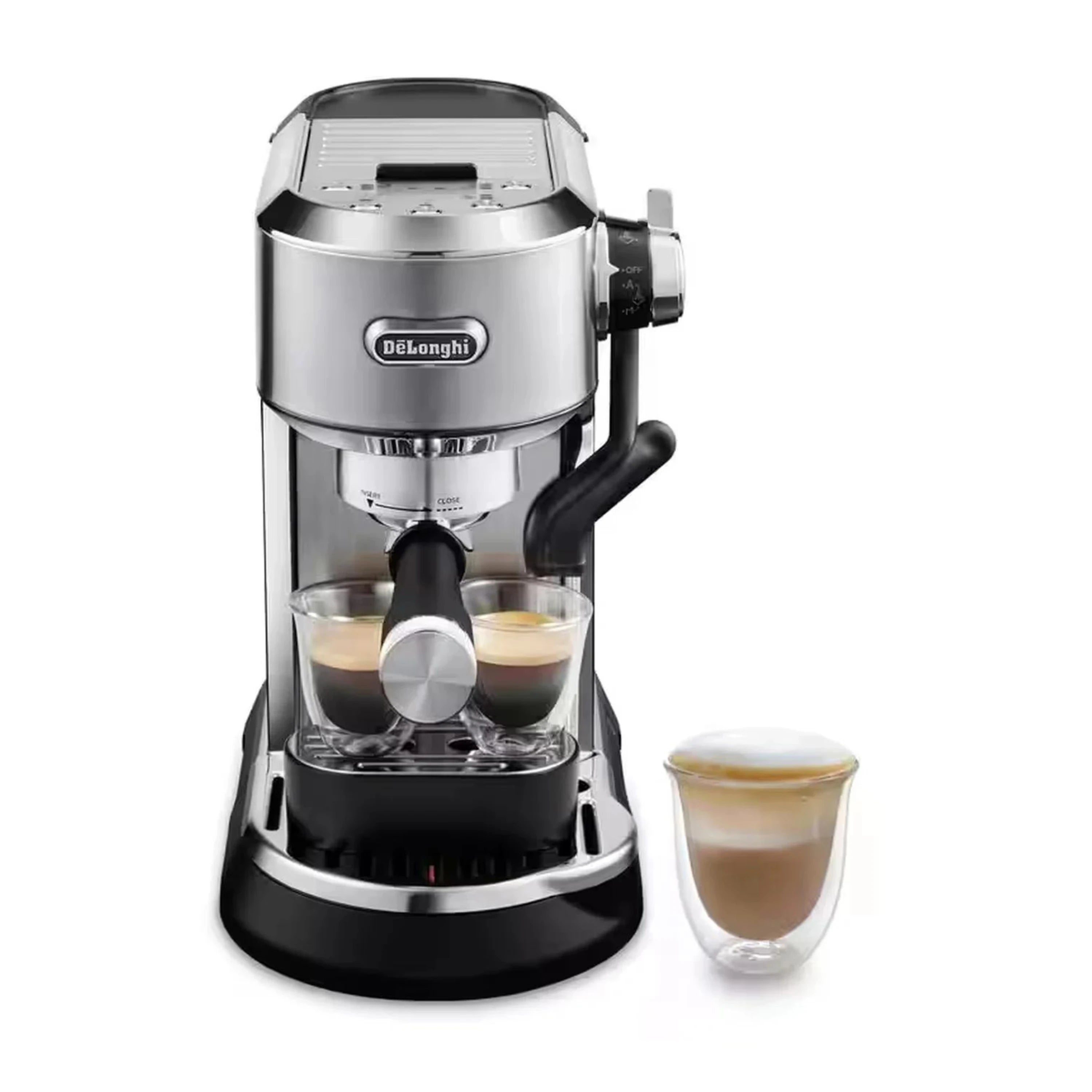 Stainless espresso machine brewing into two clear cups with froth pitcher