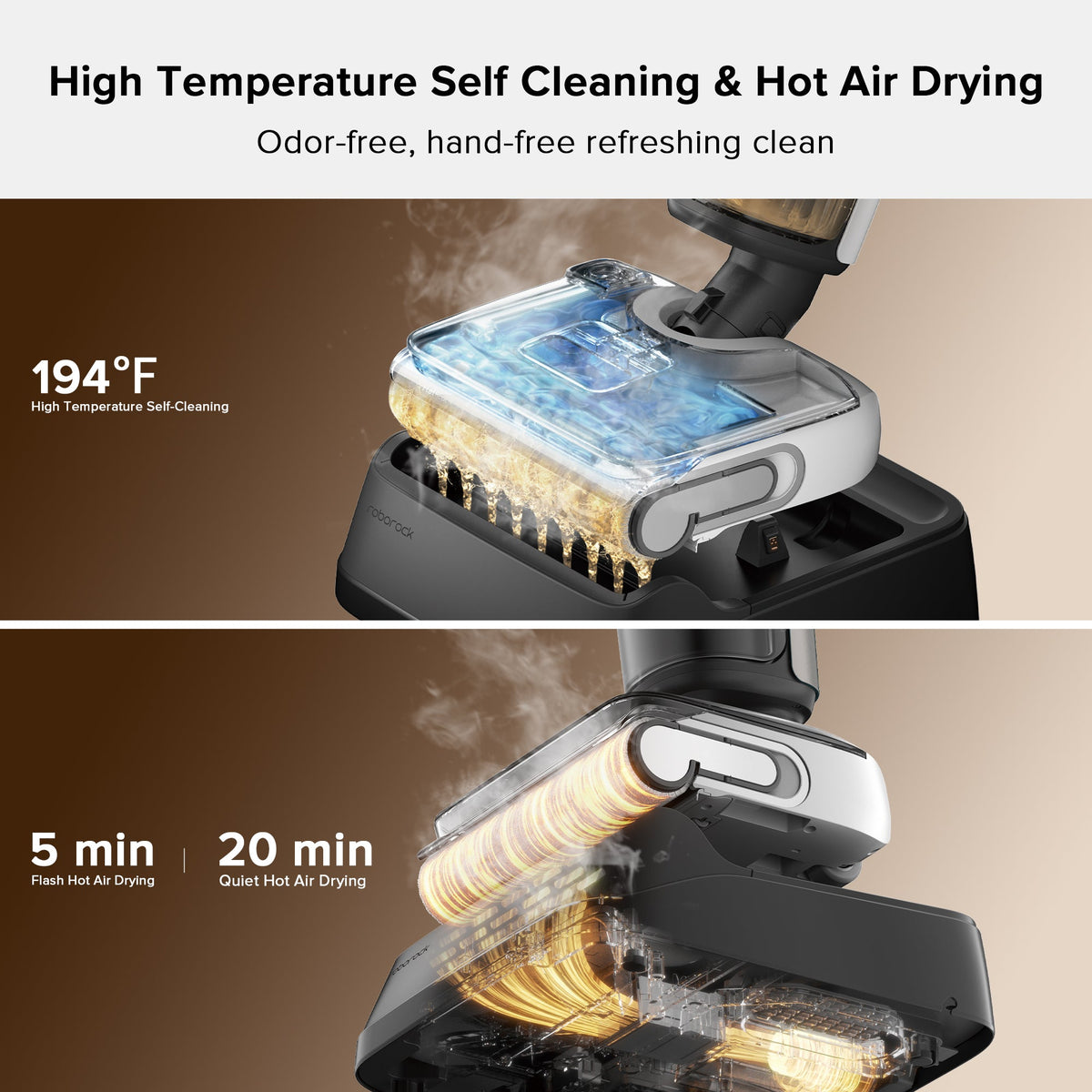 Wet and dry vacuum cleaner dock area with clear self-cleaning chamber, black and gray