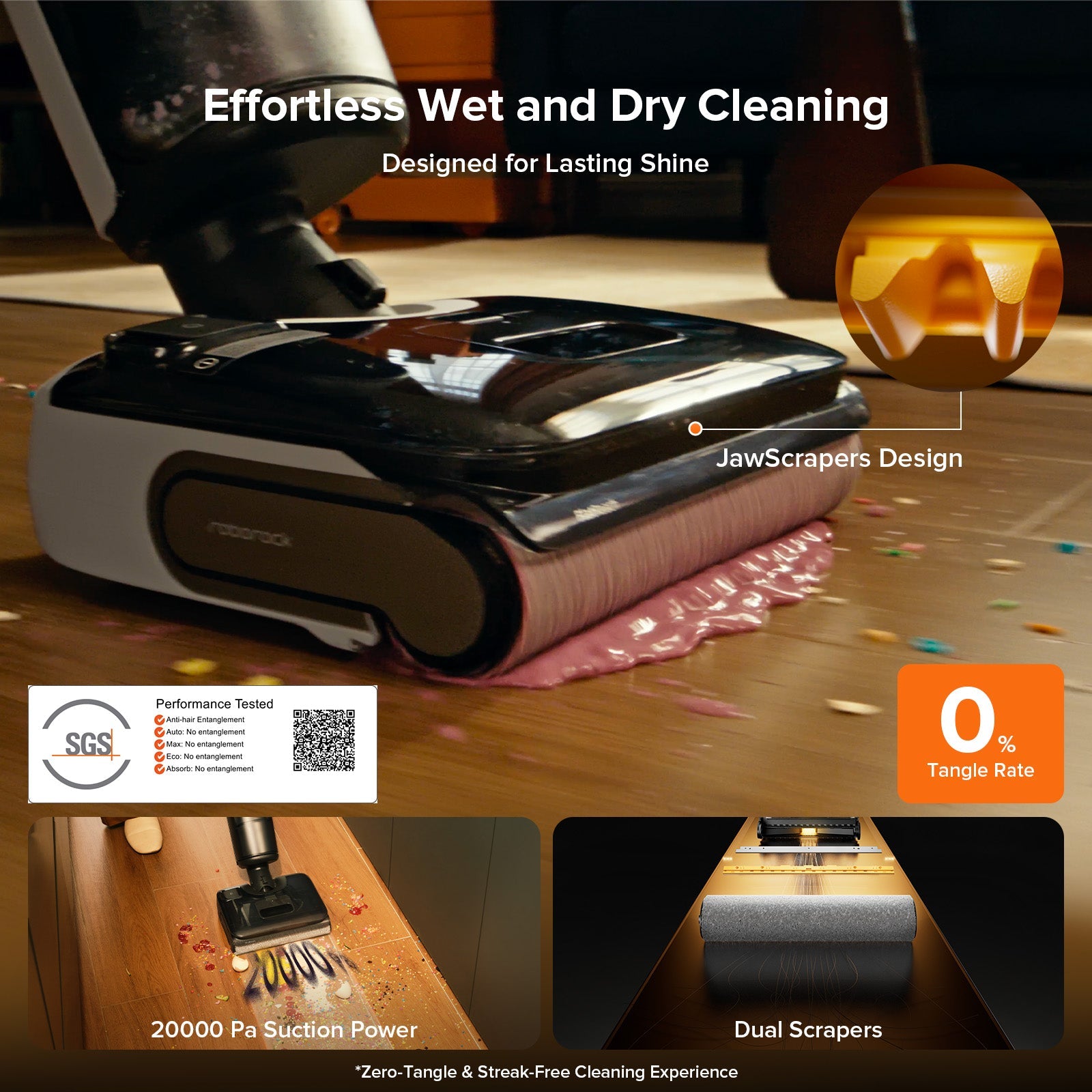 Black and gray wet/dry vacuum base with brush rollers on a floor surface