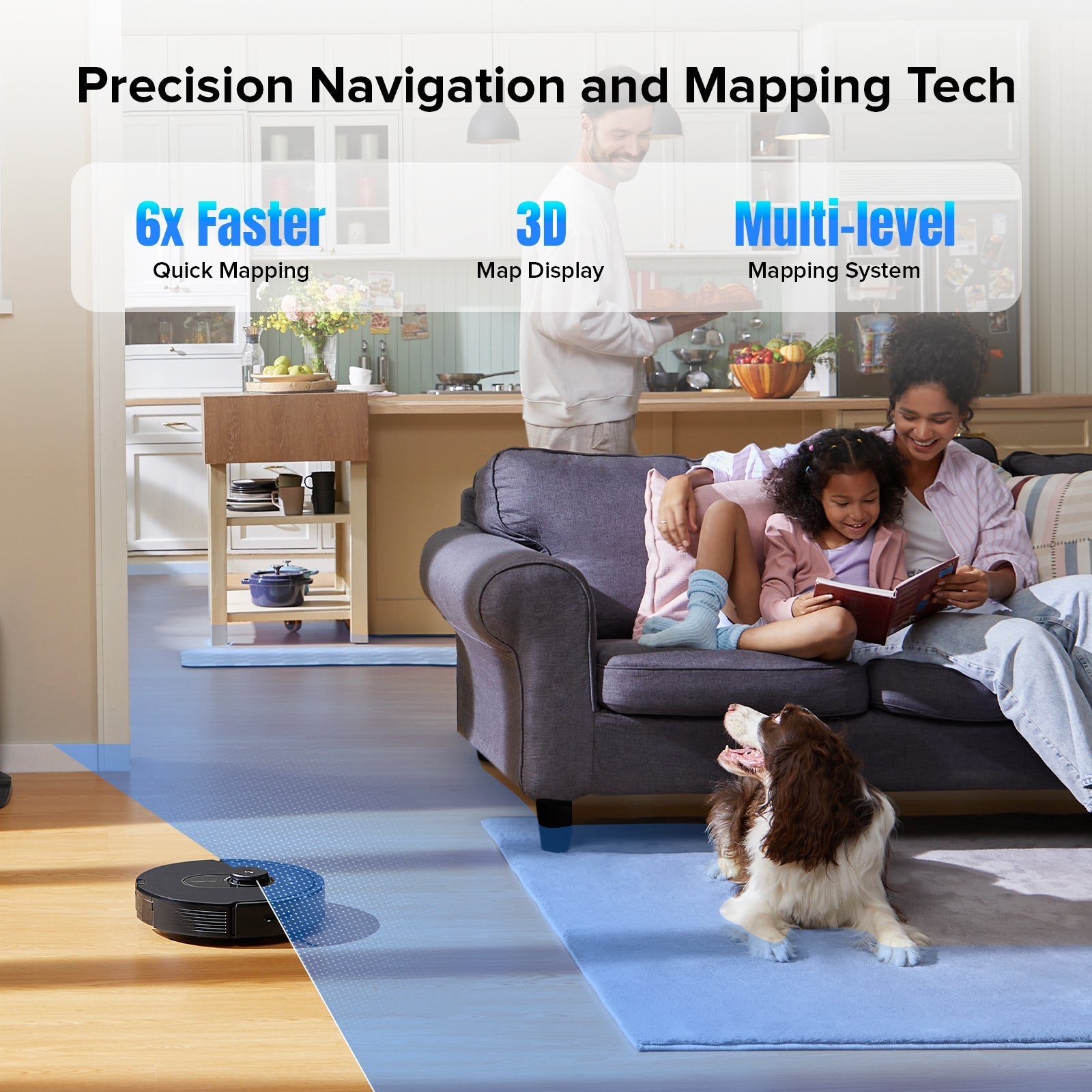 Robot vacuum cleaning along a mapped path on a living room floor