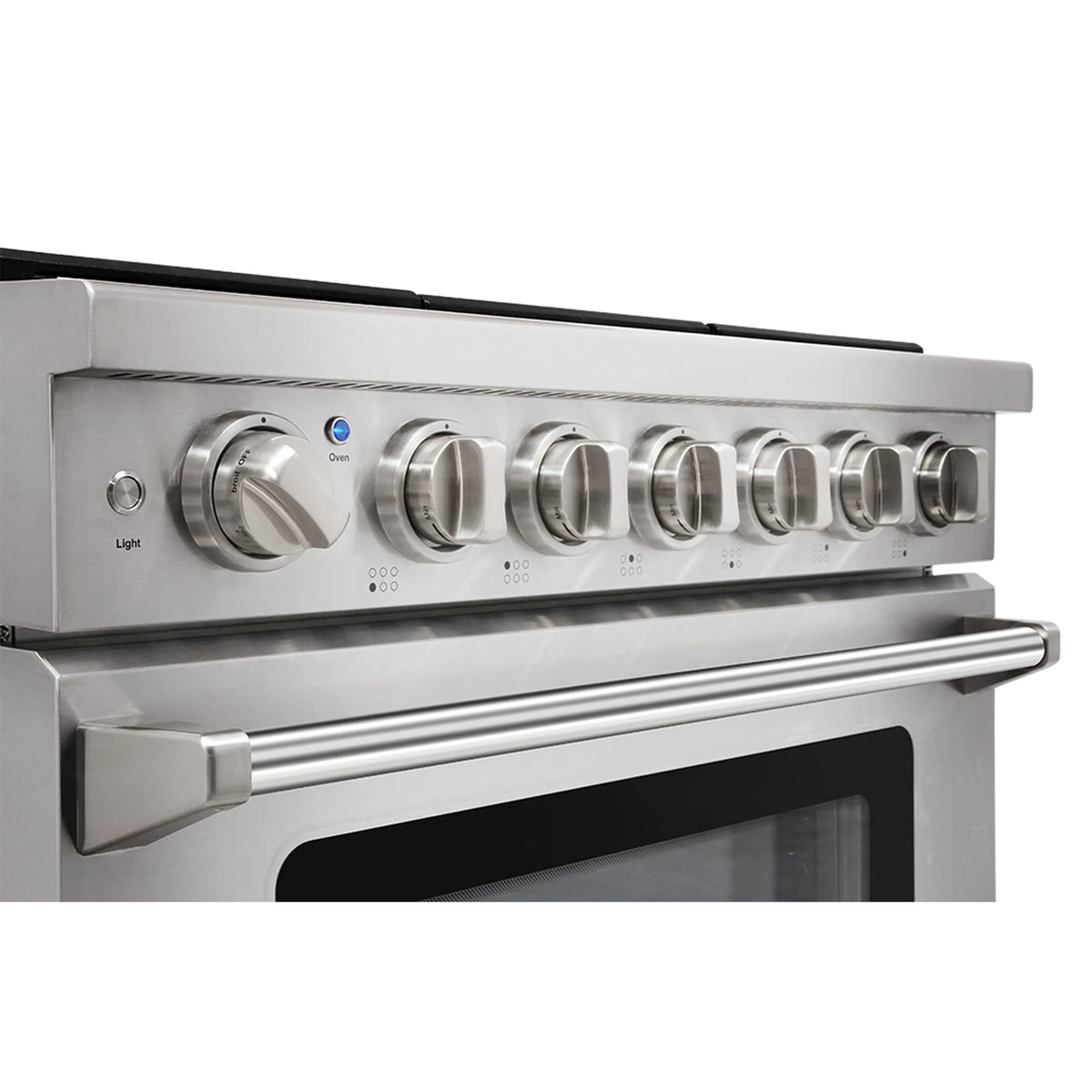 Stainless steel control panel with six burner knobs on a propane gas range