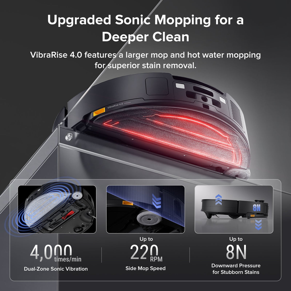 Roborock robot vacuum with sonic mopping brush bar on the underside, shown in close-up.