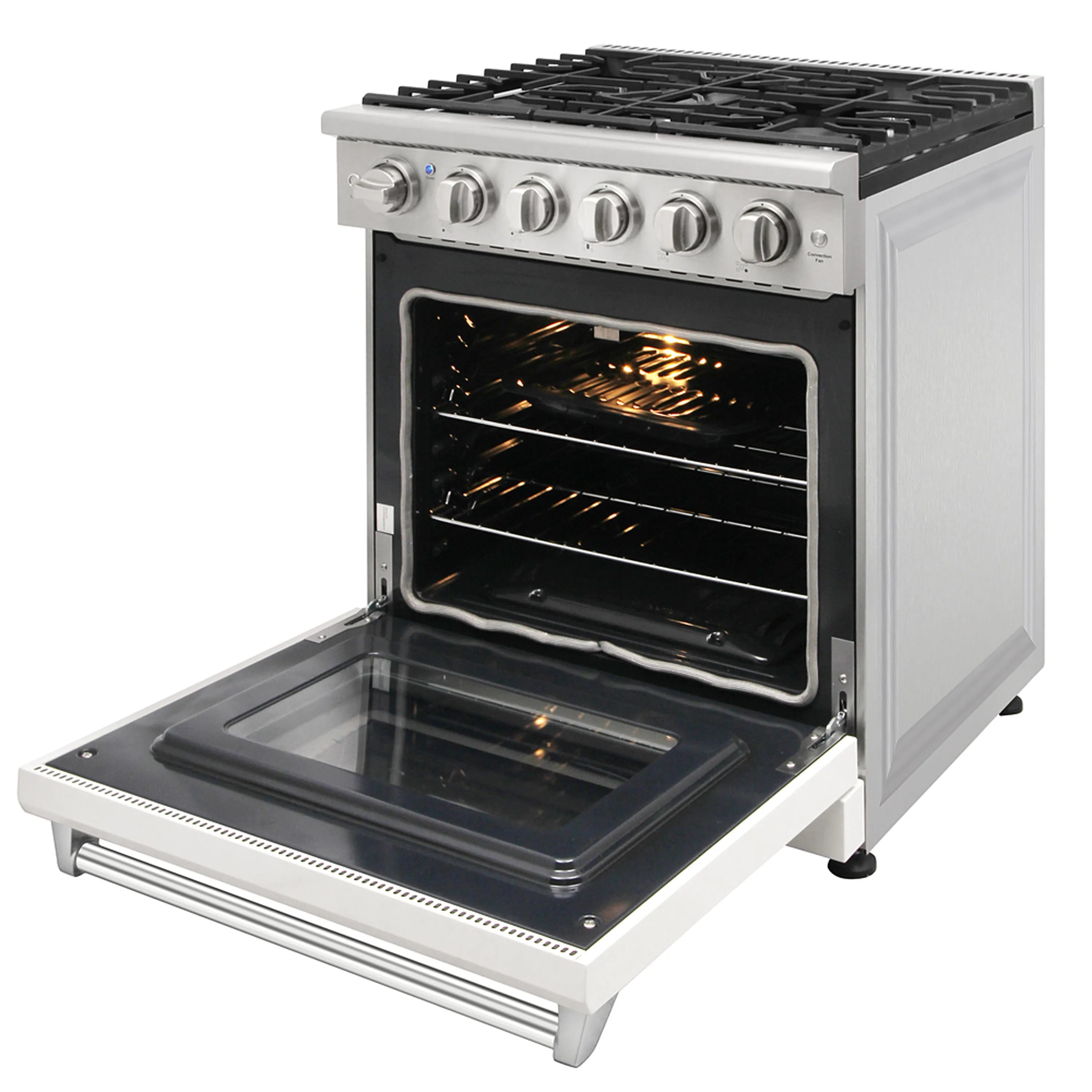 White propane gas range with convection oven door open and stainless cooktop front.