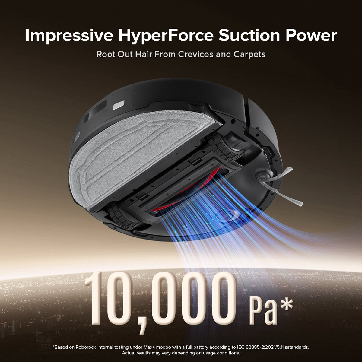 Robot vacuum mop head with mop pad and brush, showing strong airflow