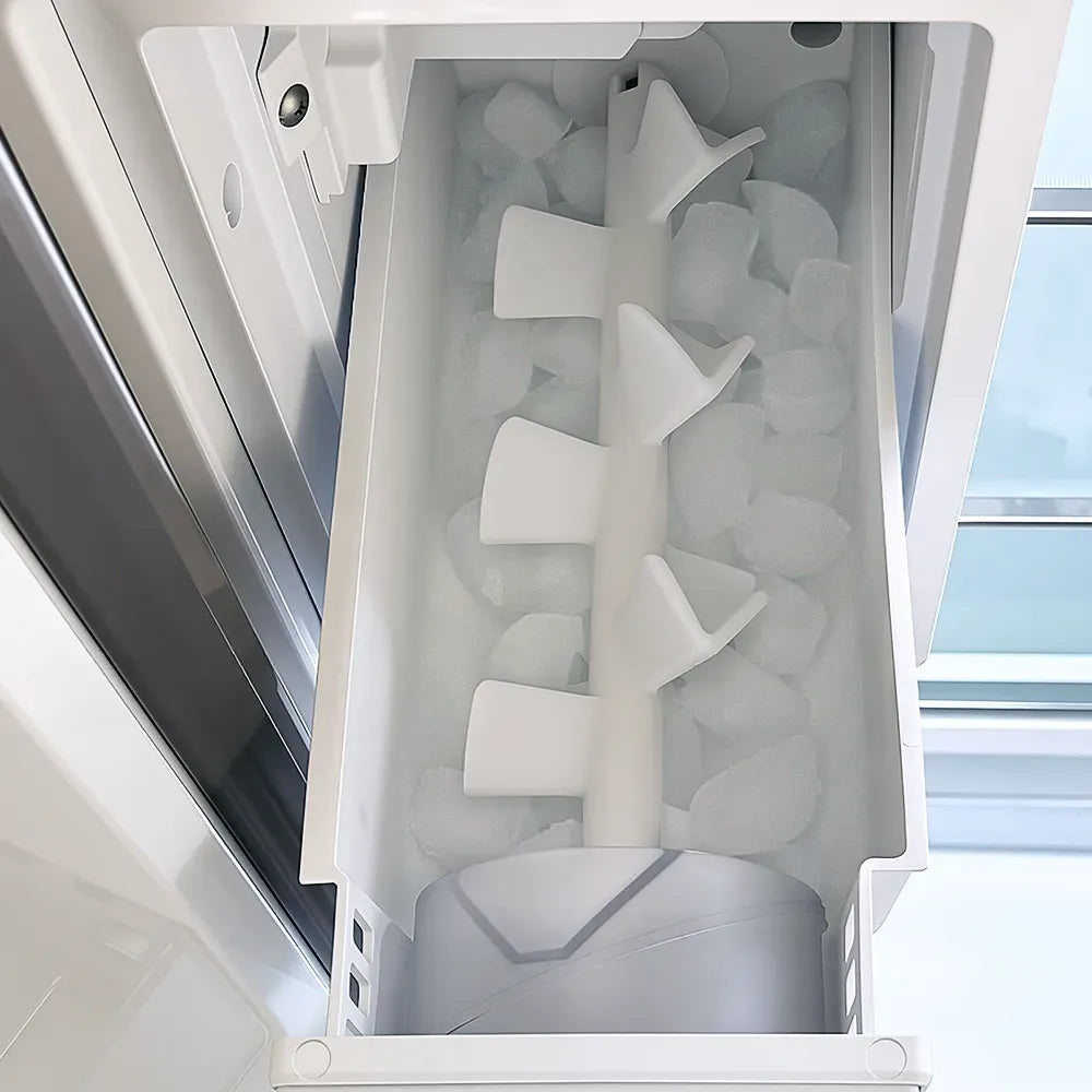 Refrigerator ice bin filled with clear ice cubes