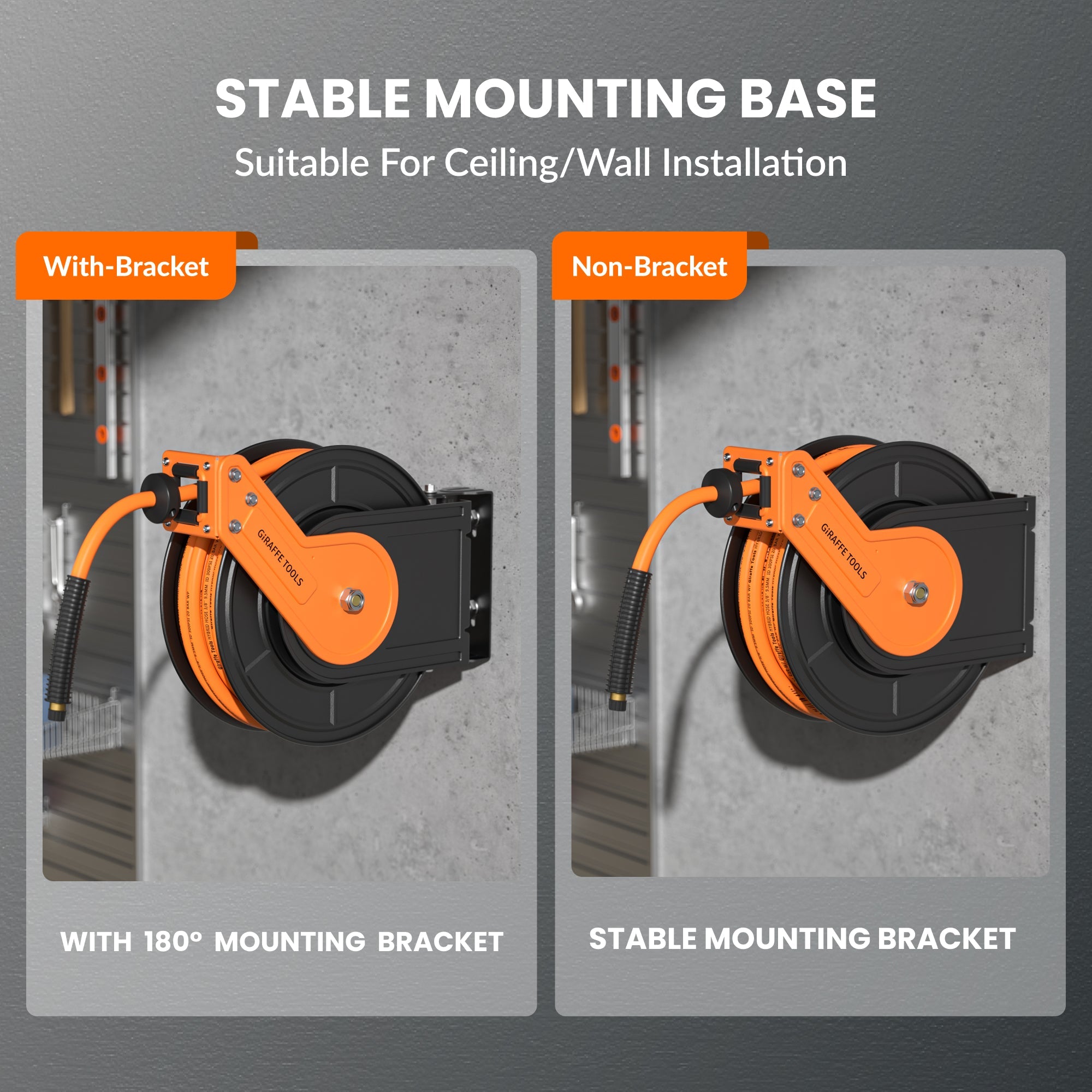 Retractable air hose reel mounting base for wall or ceiling installation