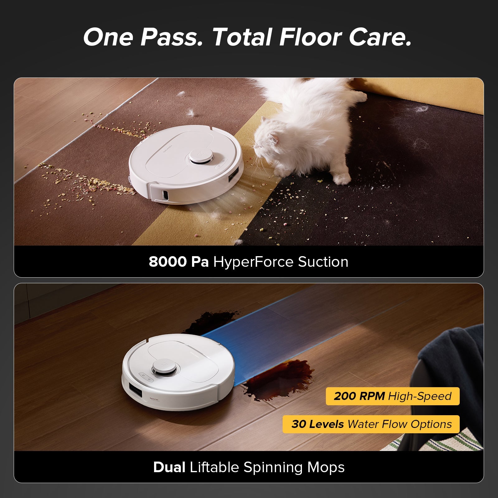 White robot vacuum cleaning a floor with spinning mops and suction on display