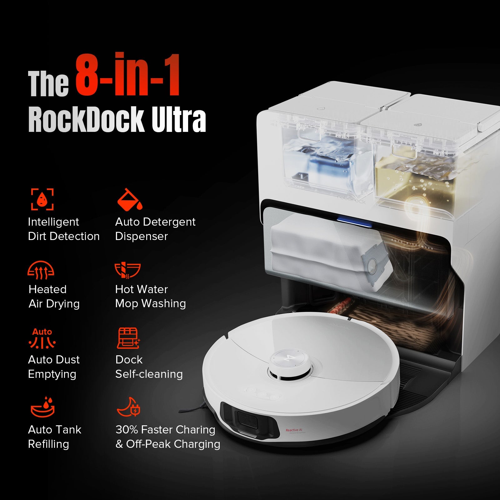 White robot vacuum dock with transparent cleaning compartment and water tank views