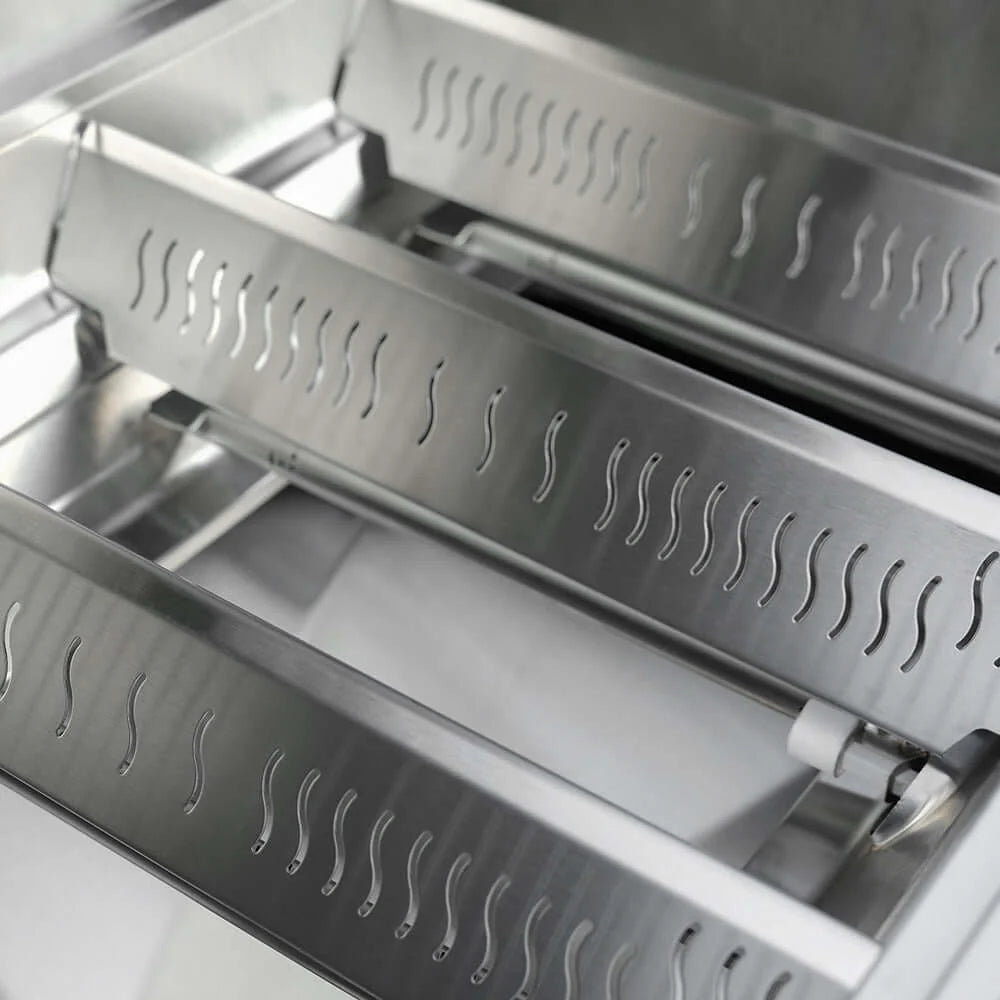 Open propane grill with stainless burners and vented flame plates inside