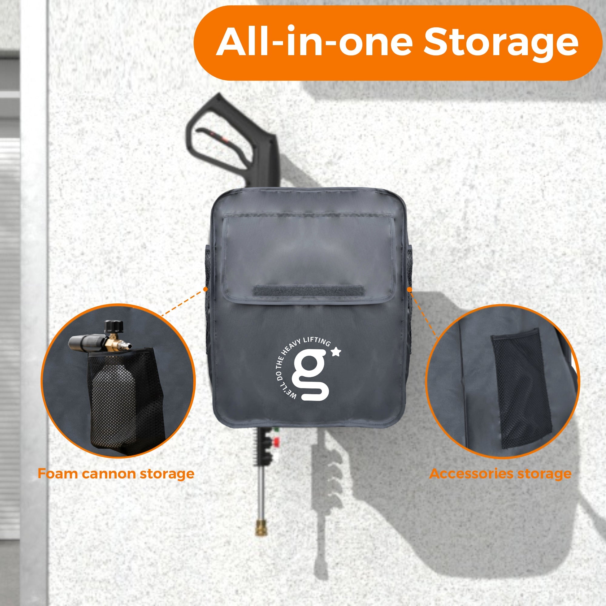 Black pressure washer cover bag showing top access, foam cannon storage, and accessory pocket