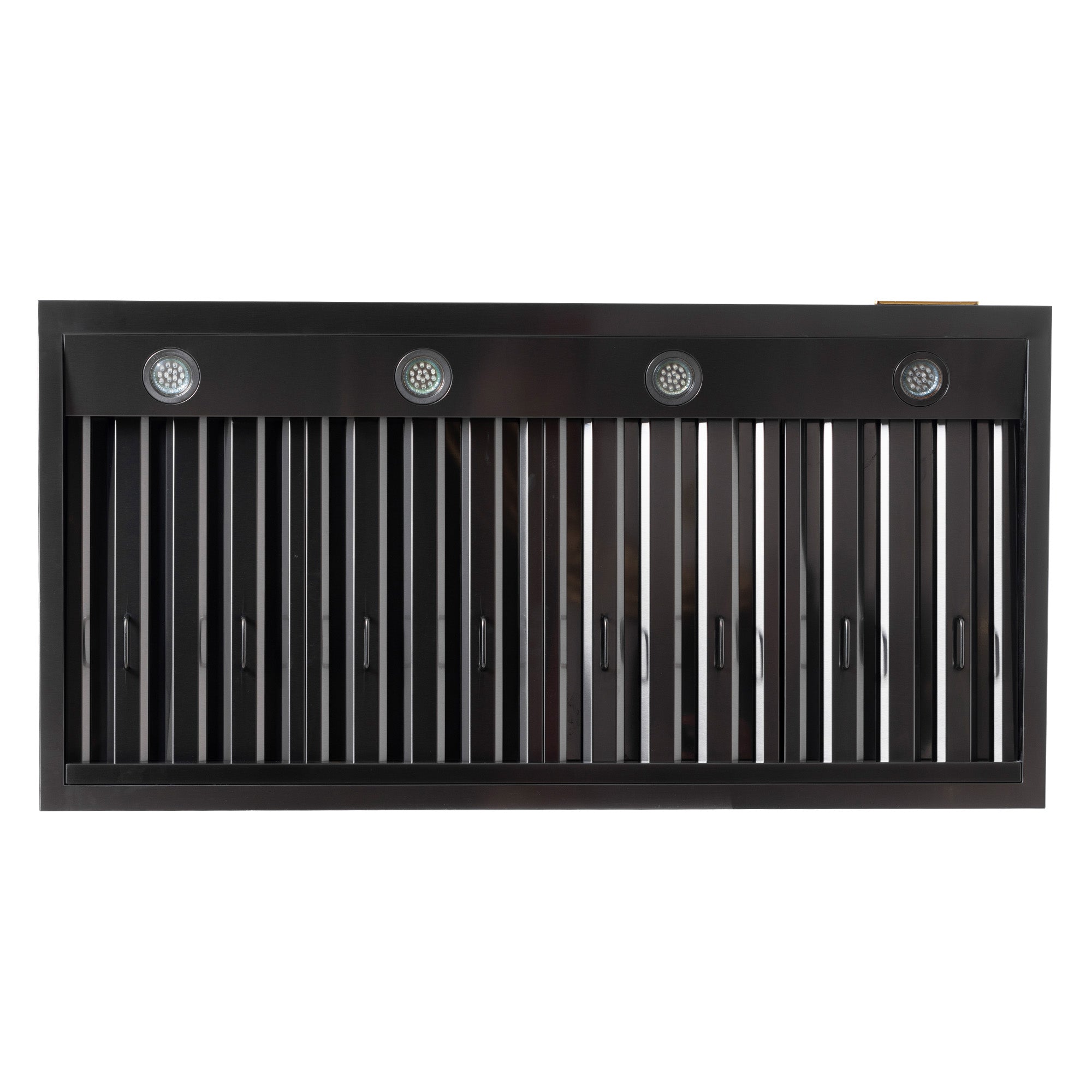 Underside vent panel of dark range hood with vertical louvers and four lights
