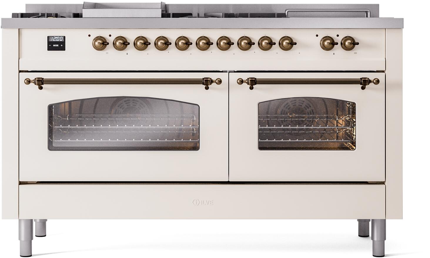 Antique white dual fuel range with bronze knobs and two glass oven doors