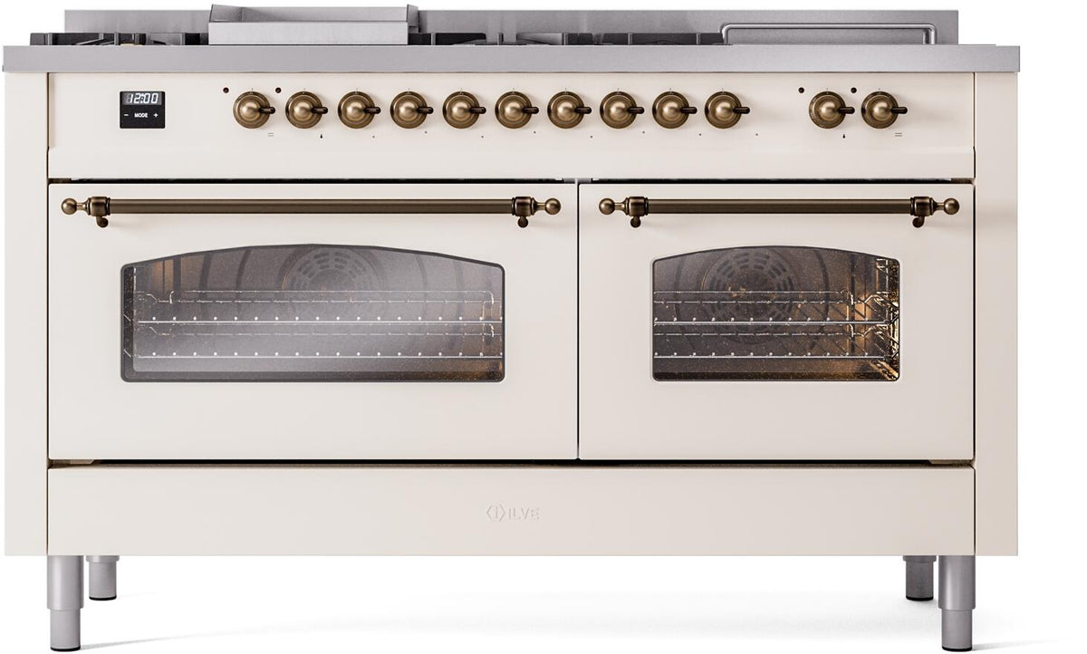 Antique white range front with bronze control knobs and two oven windows