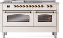 ILVE Nostalgie II 60-Inch Propane Gas Dual Fuel Range with 7 Burners, Griddle, & French Top with Triple Glass Door Oven in Antique White with Bronze Trim (UP60FSNMPAWBLP)