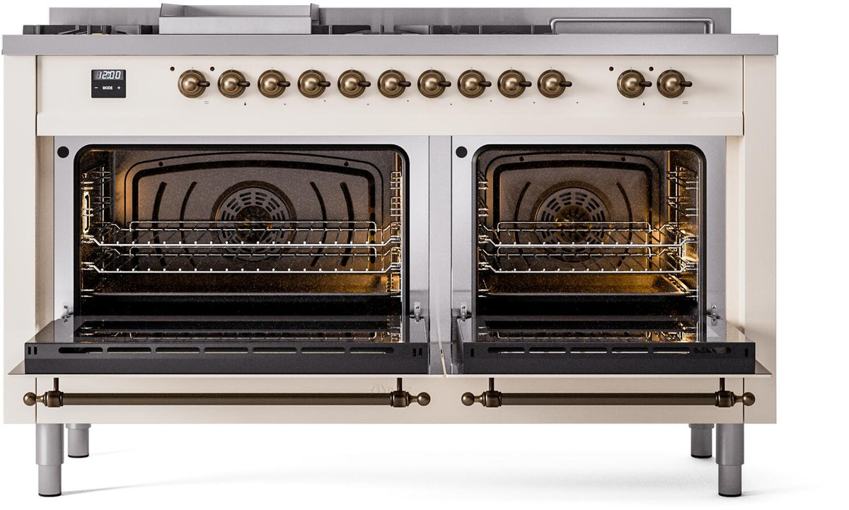 Antique white range with open dual ovens showing racks and heating elements