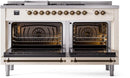 ILVE Nostalgie II 60-Inch Propane Gas Dual Fuel Range with 7 Burners, Griddle, & French Top with Triple Glass Door Oven in Antique White with Bronze Trim (UP60FSNMPAWBLP)