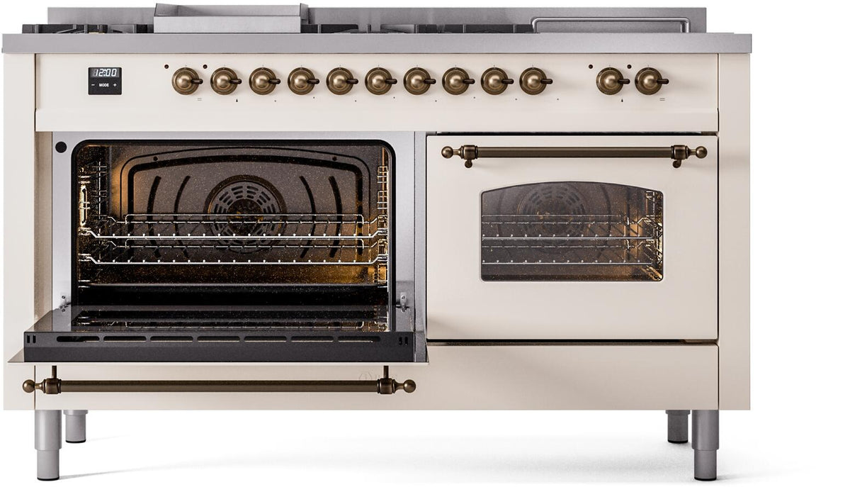 Antique white range with left open oven and right closed glass door