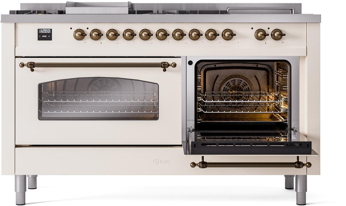 Antique white range with open left oven and open right oven door with racks