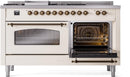 ILVE Nostalgie II 60-Inch Propane Gas Dual Fuel Range with 7 Burners, Griddle, & French Top with Triple Glass Door Oven in Antique White with Bronze Trim (UP60FSNMPAWBLP)