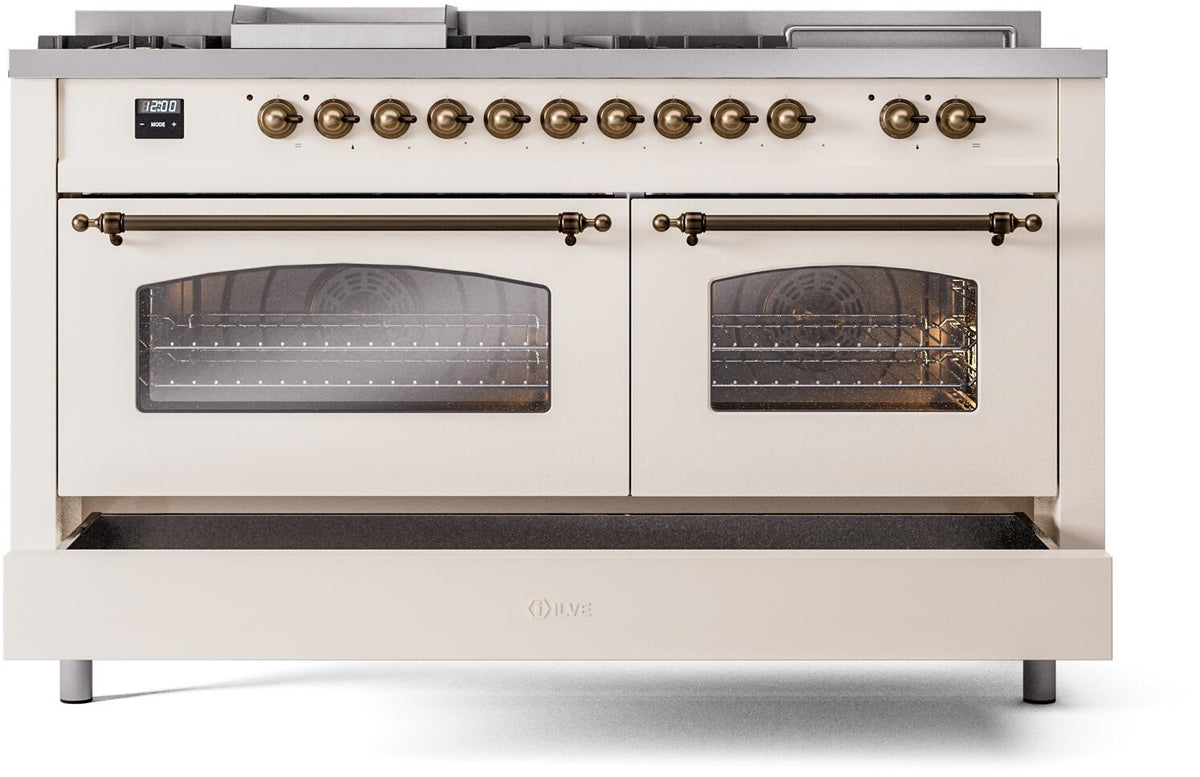 Antique white range with two tinted glass oven doors and bronze trim