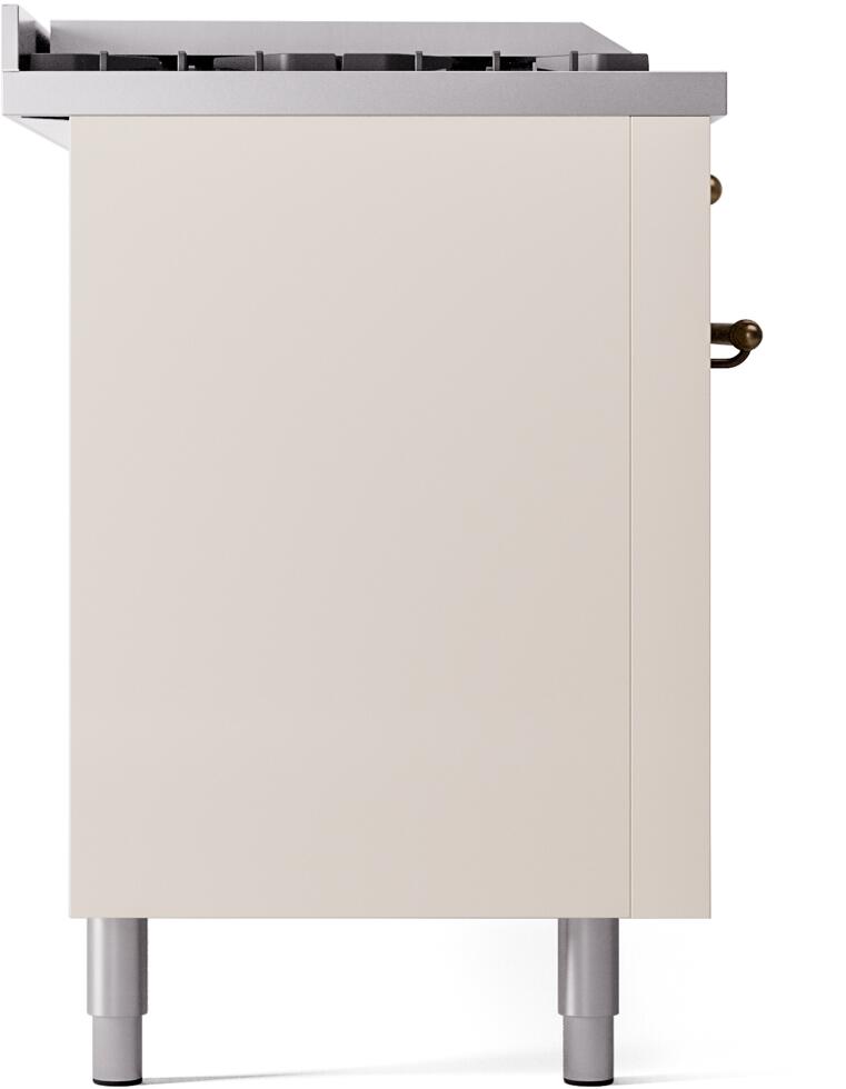 Antique white range cabinet side panel with four legs and bronze-trim details