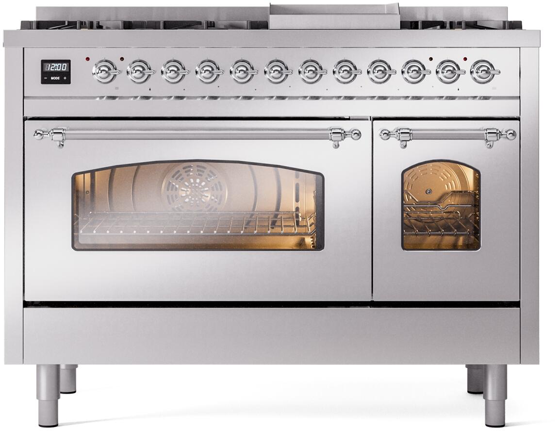 Stainless steel freestanding dual fuel range with chrome-trim oven doors and window view