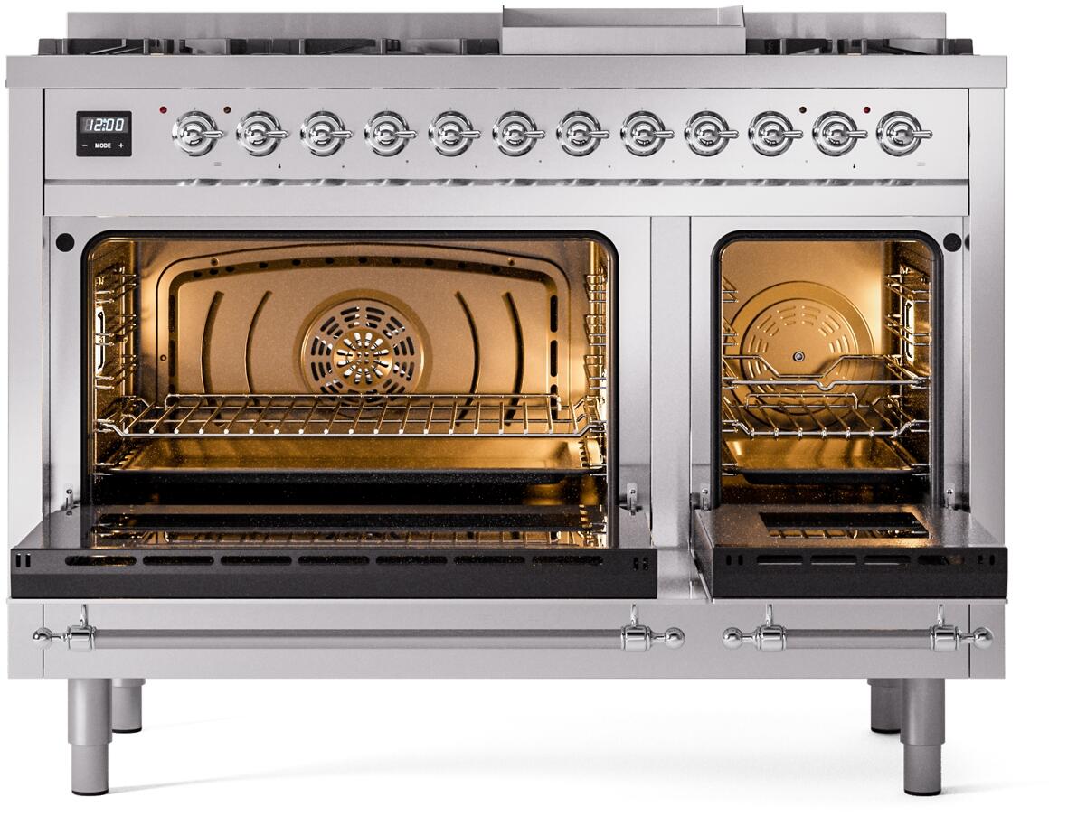 Stainless steel dual fuel range with open ovens and visible racks, front view