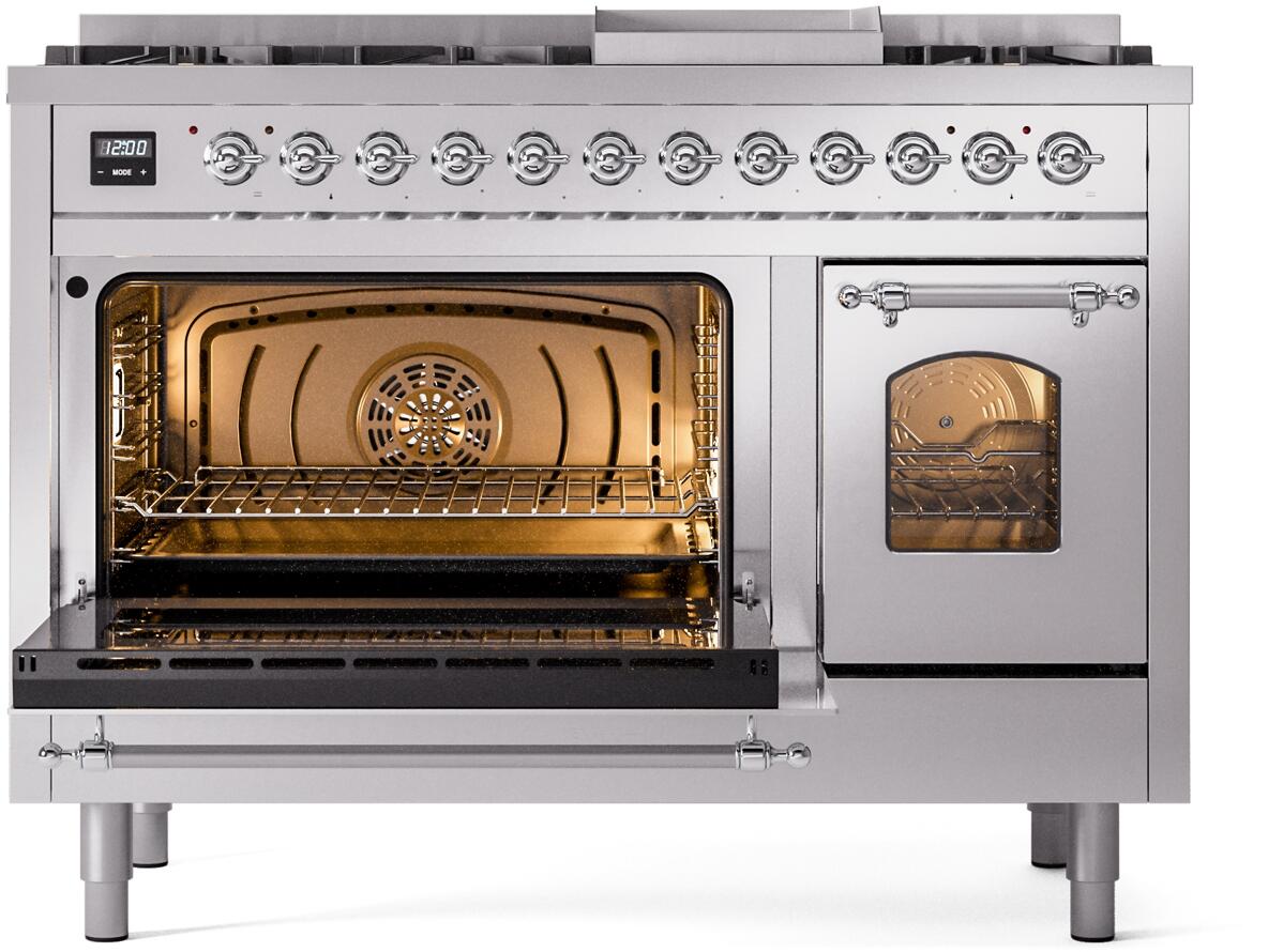 Stainless steel dual fuel range with open left oven and right oven window